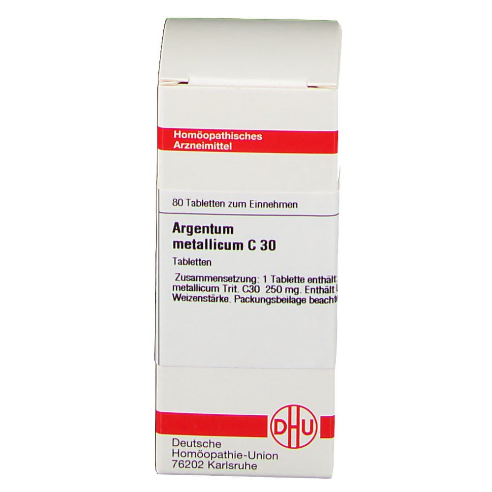 Weiße Schachtel mit rotem Streifen. Aufschrift: Argentum metallicum C 30, 80 Tabletten. Hersteller: DHU.