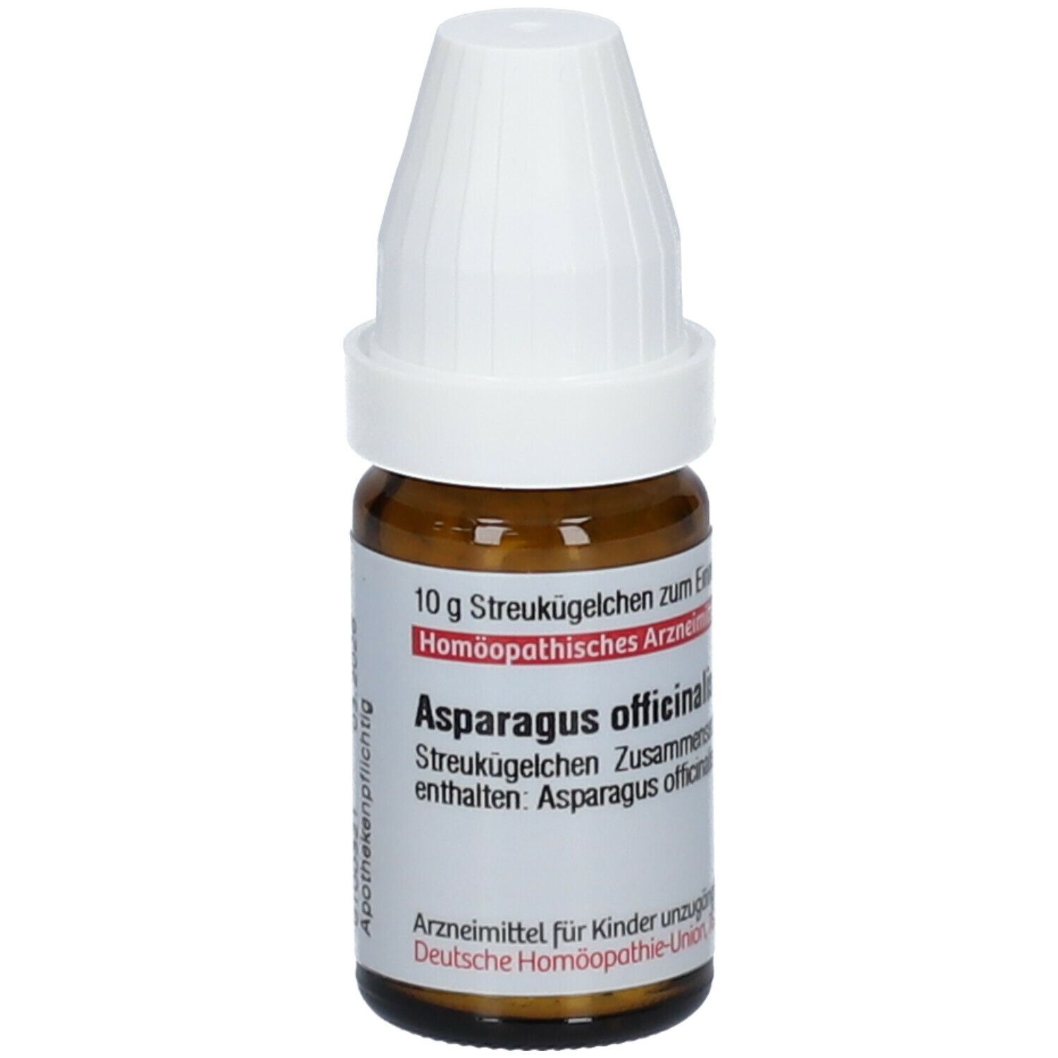 Braune Glasflasche mit weißem Deckel. Etikett mit Text: Asparagus officinalis, Streukügelchen. 10g.