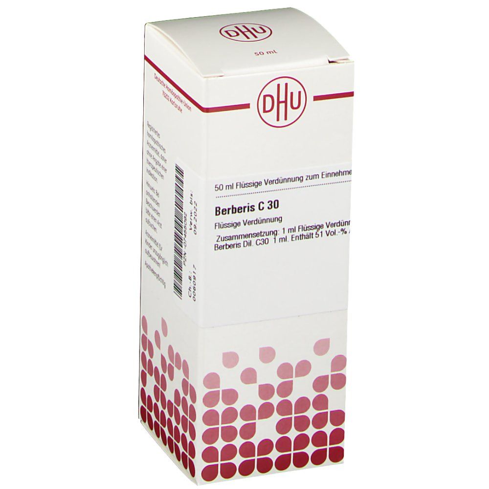 DHU-Verpackung mit Produktinformationen. Aufschrift: Berberis C 30, 50 ml. Weißer Karton mit rotem Muster und DHU-Logo.