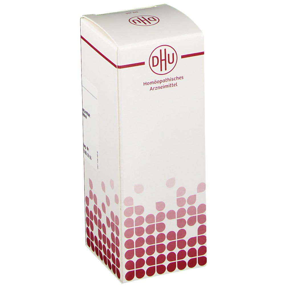 DHU-Verpackung, schräg von vorne. Aufschrift: Homöopathisches Arzneimittel. Weißer Karton mit rotem Muster und DHU-Logo.