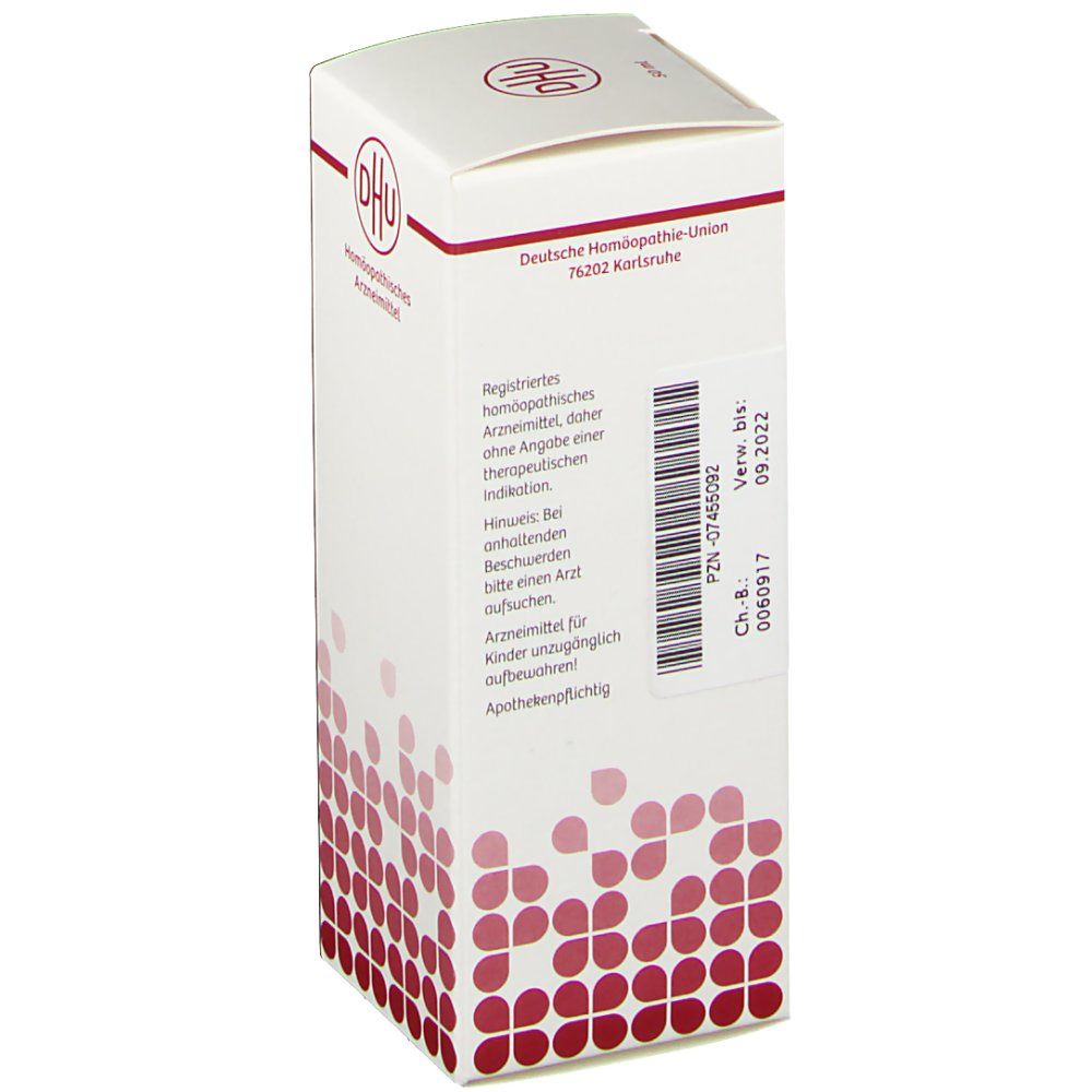 Rückseite der DHU-Verpackung. Text: Deutsche Homöopathie-Union. Weißer Karton mit rotem Muster und DHU-Logo.