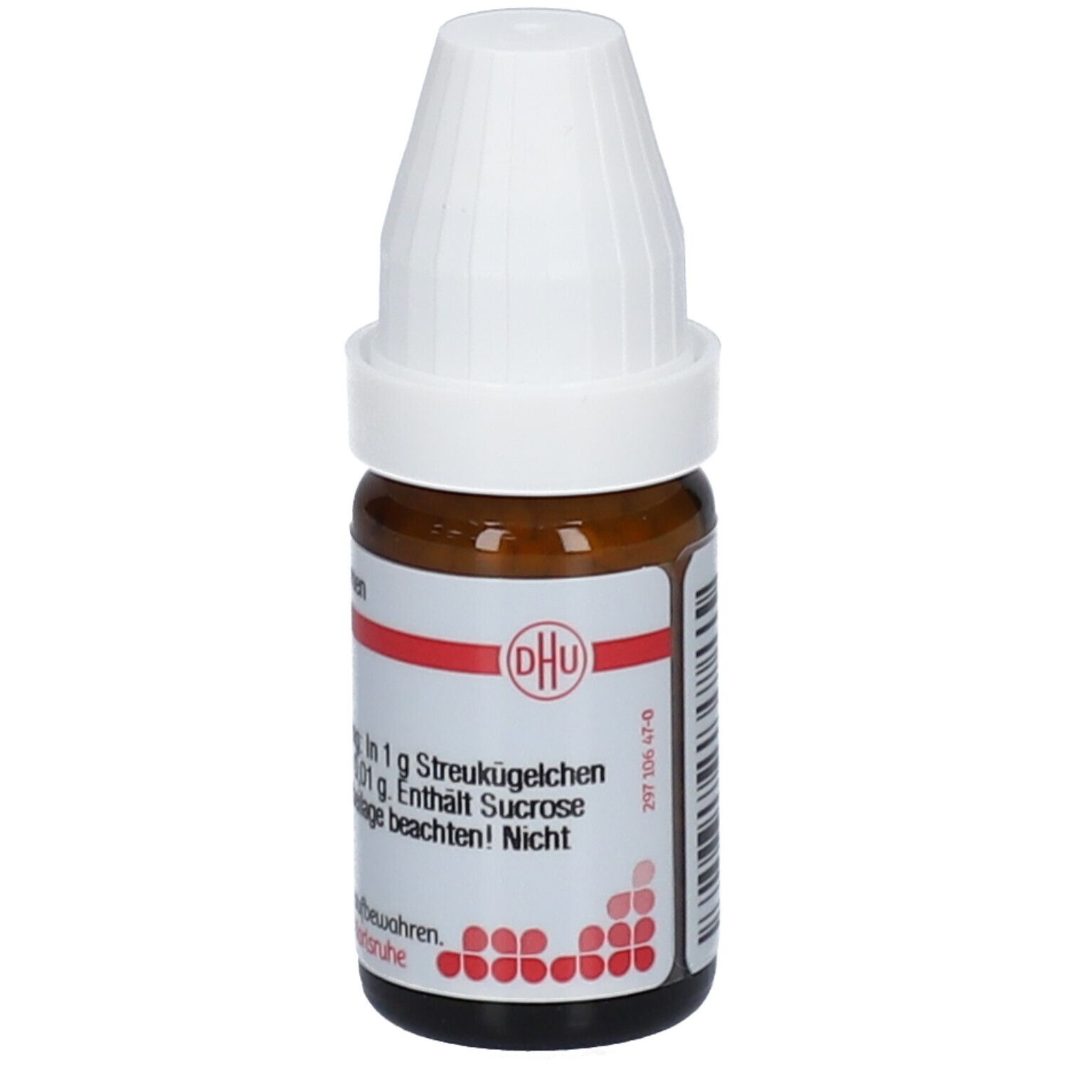 Braune Glasflasche mit weißem Deckel. Aufschrift: DHU, Clematis C 6. Roter Streifen mit Text. Enthält Sucrose.