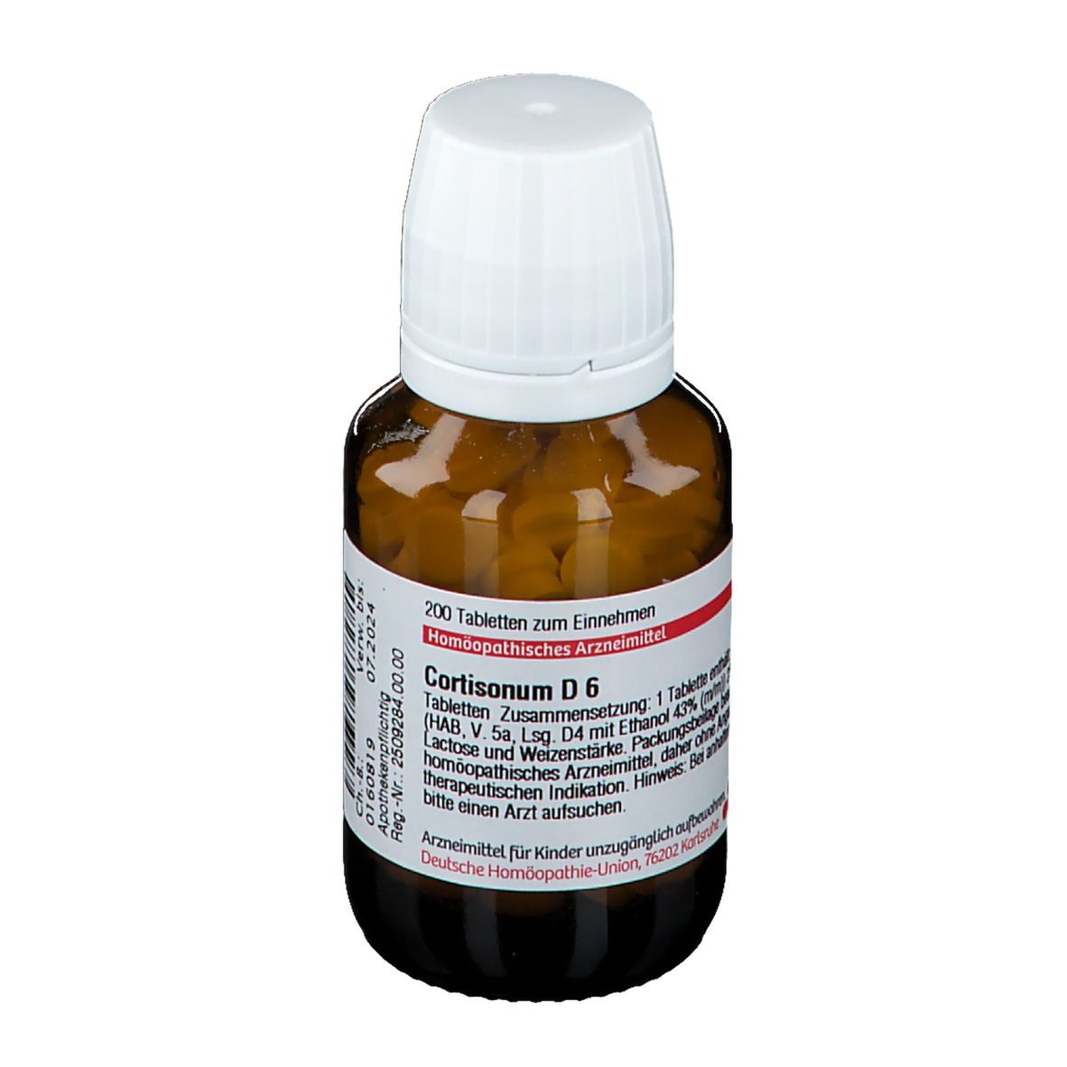 Braune Glasflasche mit weißen Tabletten und weißem Deckel. Etikett mit Text: Cortisonum D6, 200 Tabletten.