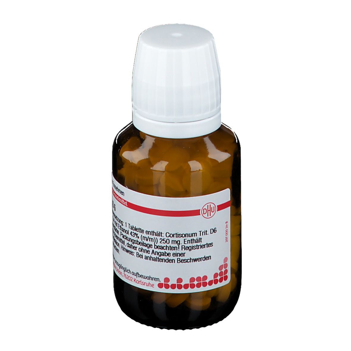 Braune Glasflasche mit Tabletten und weißem Deckel. Etikett mit Text: Cortisonum D6, DHU, homöopathisches Arzneimittel.
