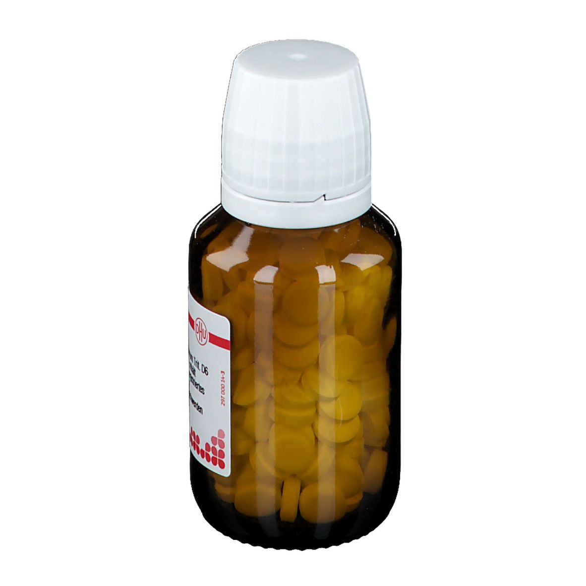 Braune Glasflasche mit Tabletten und weißem Deckel. Etikett mit Text: Cortisonum D6, homöopathisches Arzneimittel.