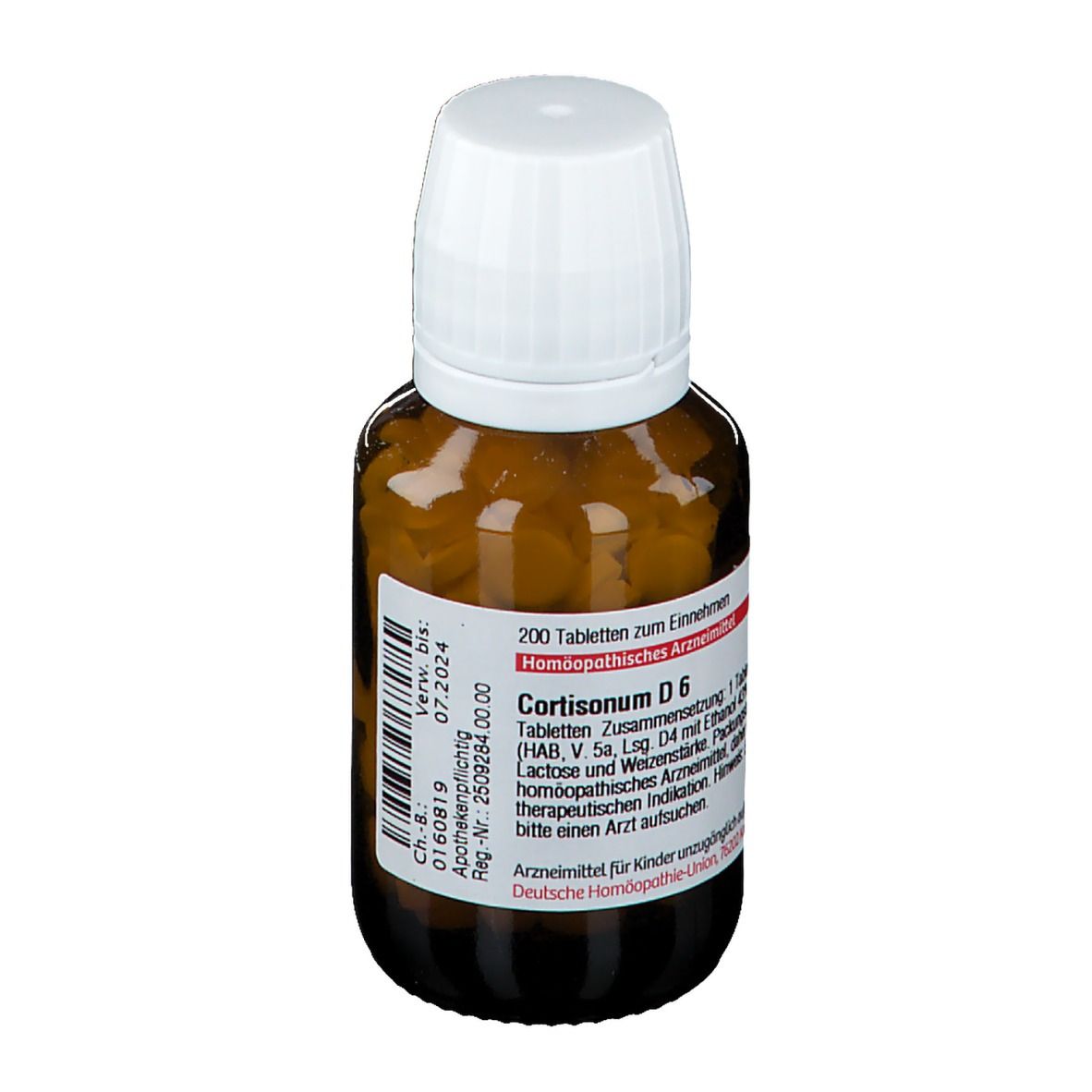 Braune Glasflasche mit Tabletten und weißem Deckel. Etikett mit Text: Cortisonum D6, 200 Tabletten, DHU, homöopathisches Arzneimittel.