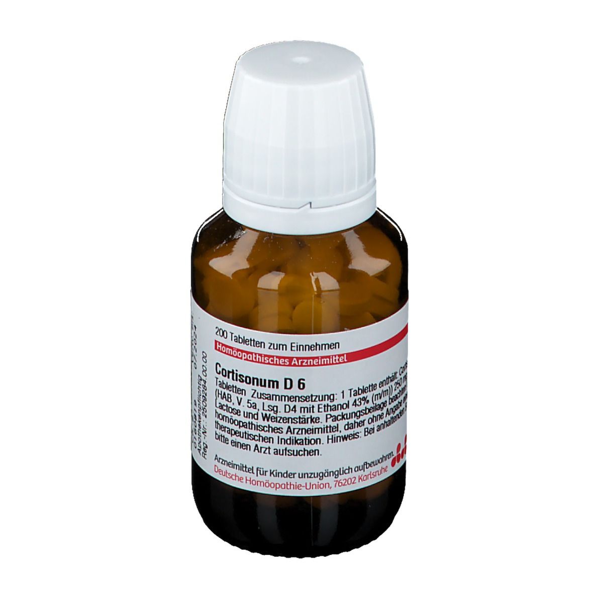 Braune Glasflasche mit Tabletten und weißem Deckel. Etikett mit Text: Cortisonum D6, 200 Tabletten, DHU, homöopathisches Arzneimittel.
