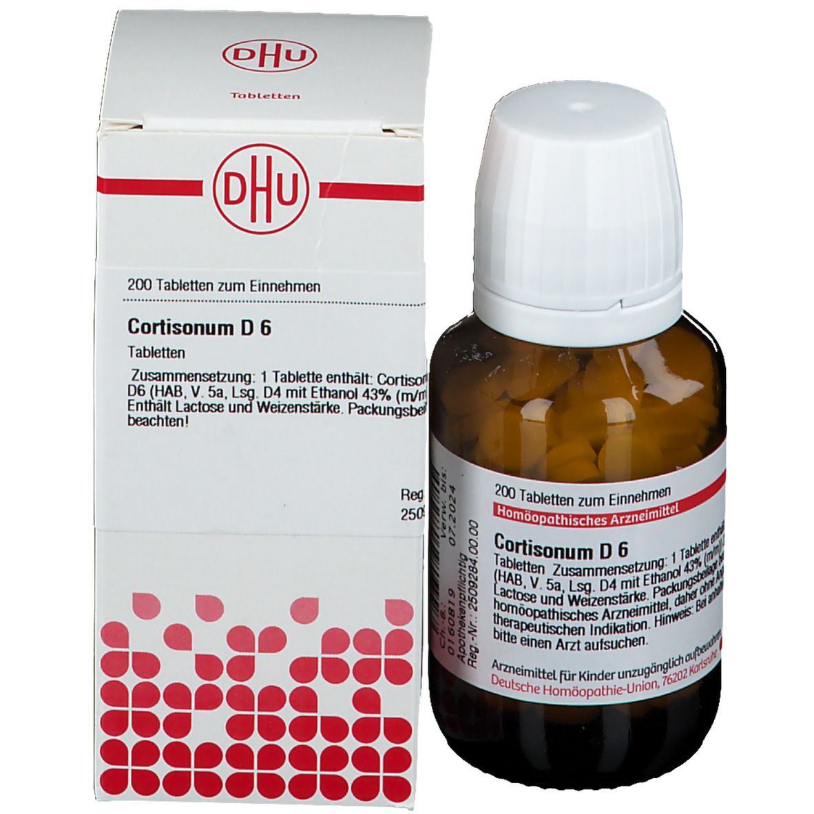 Produktverpackung mit Flasche. Flasche: braun, Tabletten, weißer Deckel. Karton: weiß, rot, Text: DHU, Cortisonum D6, 200 Tabletten.
