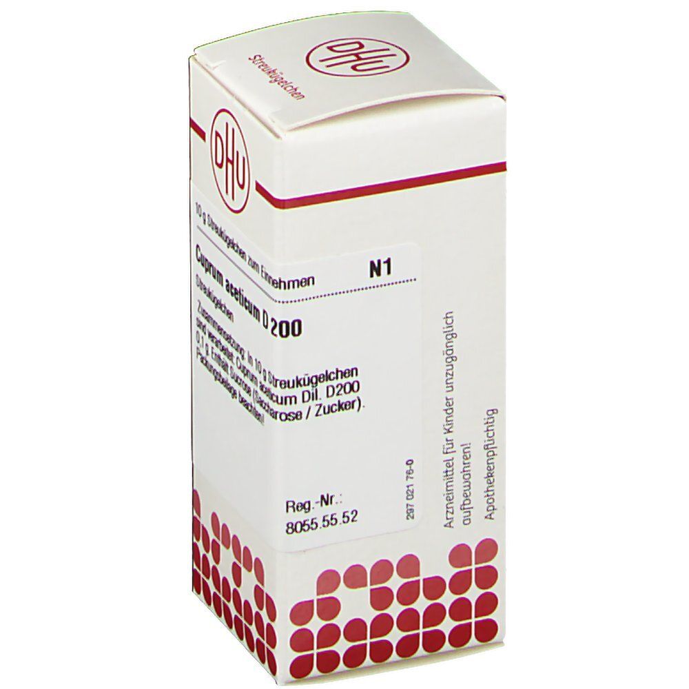 Weiße Faltschachtel mit rotem DHU-Logo und Text. Beschriftung: Cuprum aceticum D200. Rote, runde Muster. N1.