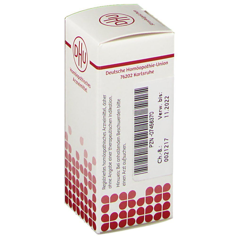 Weiße Faltschachtel mit rotem DHU-Logo und Text. Beschriftung: Deutsche Homöopathie-Union. Barcode und Verfallsdatum.