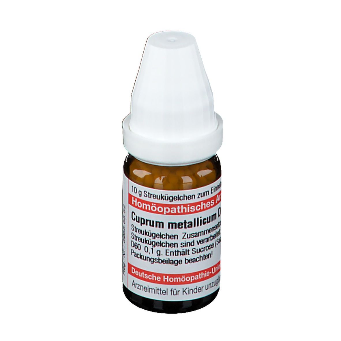 Braune Glasflasche mit weißem Deckel. Beschriftung: Cuprum metallicum D 60, 10 g Streukügelchen, Deutsche Homöopathie-Union.