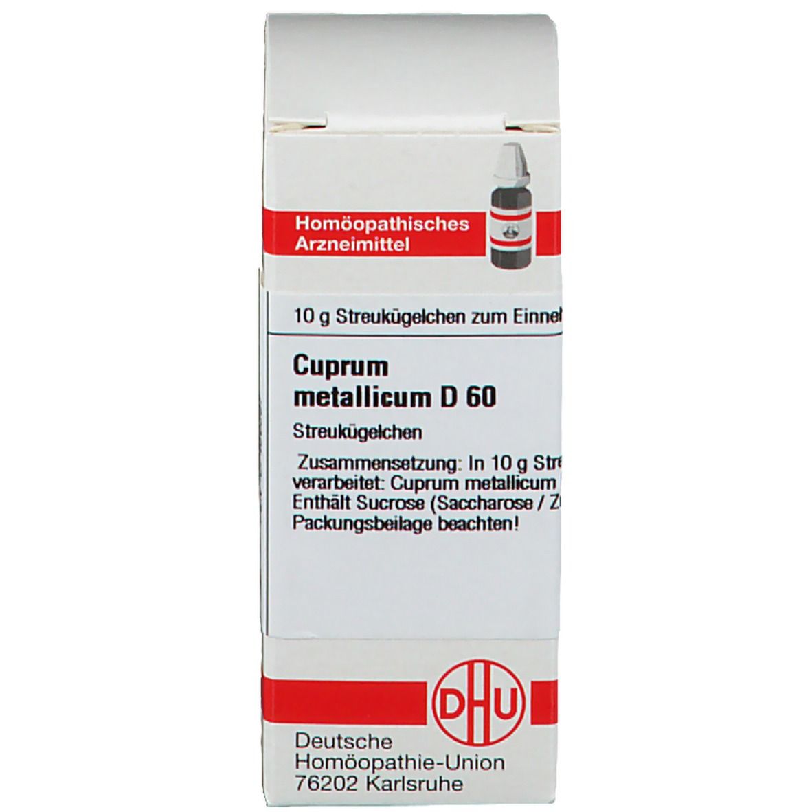 Weiße Schachtel mit brauner Glasflasche. Aufschrift: Cuprum metallicum D 60, 10 g Streukügelchen, Deutsche Homöopathie-Union.