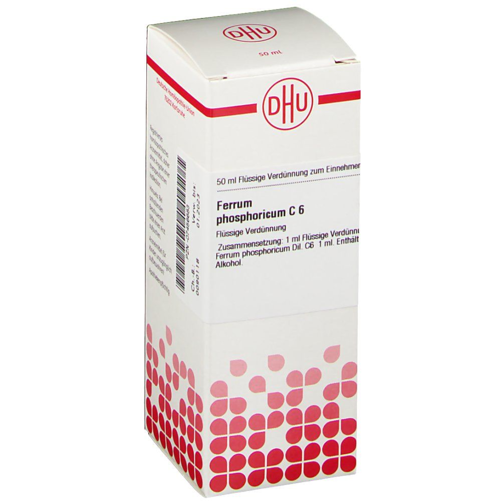 Weiße Faltschachtel mit rotem Logo und Schriftzug DHU. Produktname: Ferrum phosphoricum C 6. Text in deutscher Sprache.