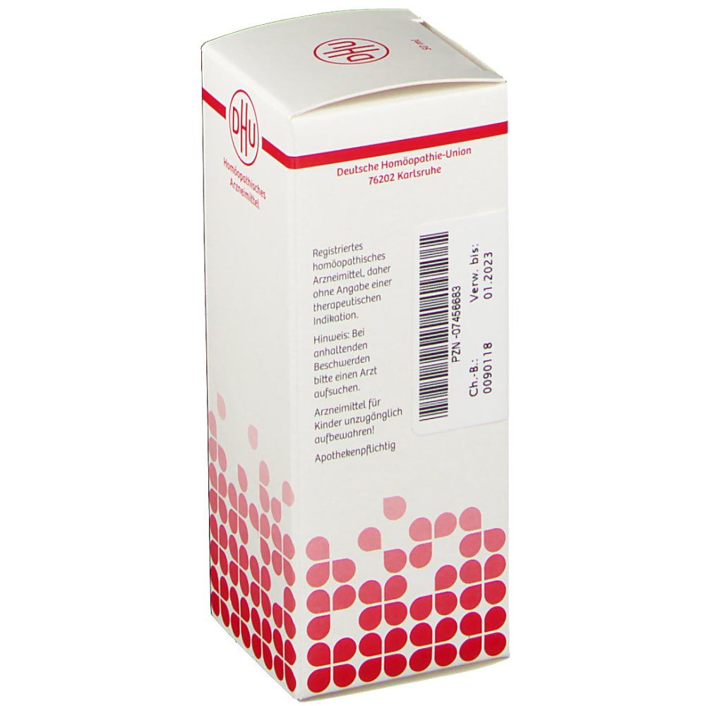 Weiße Faltschachtel mit rotem DHU-Logo. Text: Deutsche Homöopathie-Union. Barcode und weitere Informationen in deutscher Sprache.
