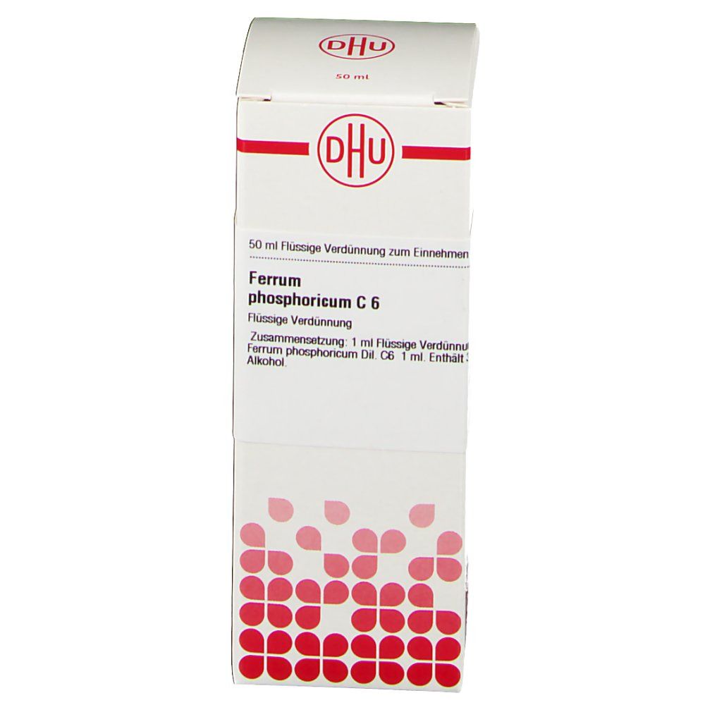 Weiße Faltschachtel mit rotem DHU-Logo und Produktbezeichnung: Ferrum phosphoricum C 6. Text in deutscher Sprache.