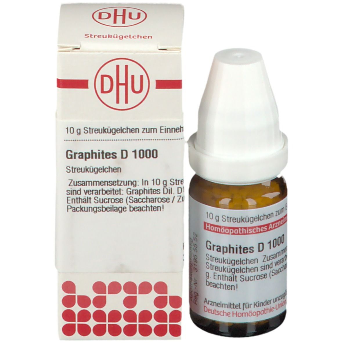 Braune Glasflasche und Schachtel. Beschriftung: DHU, Graphites D 1000, 10 g Streukügelchen. Apothekenpflichtig.