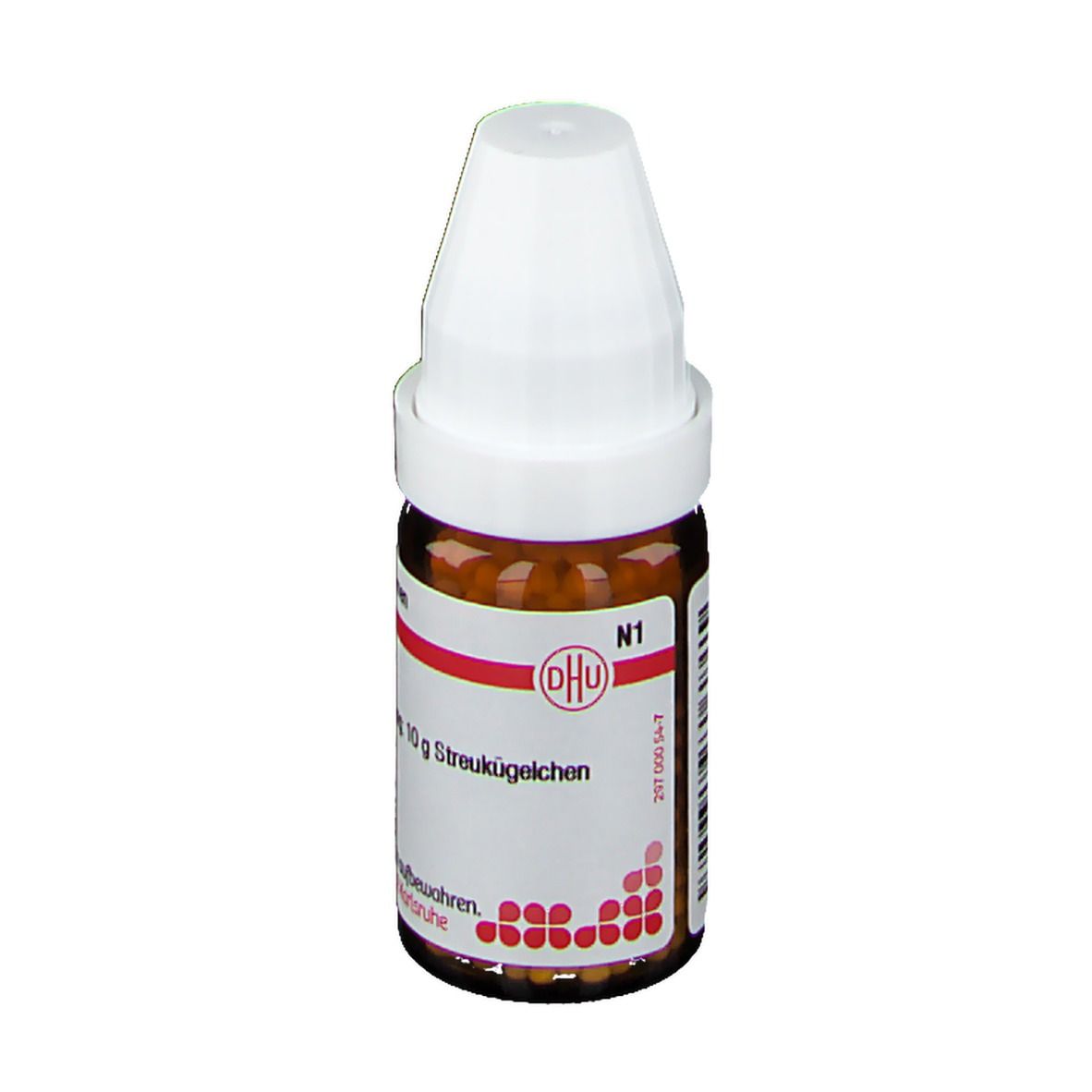 Braune Glasflasche mit weißem Deckel. Beschriftung: DHU, 10 g Streukügelchen. Deutsche Homöopathie-Union.