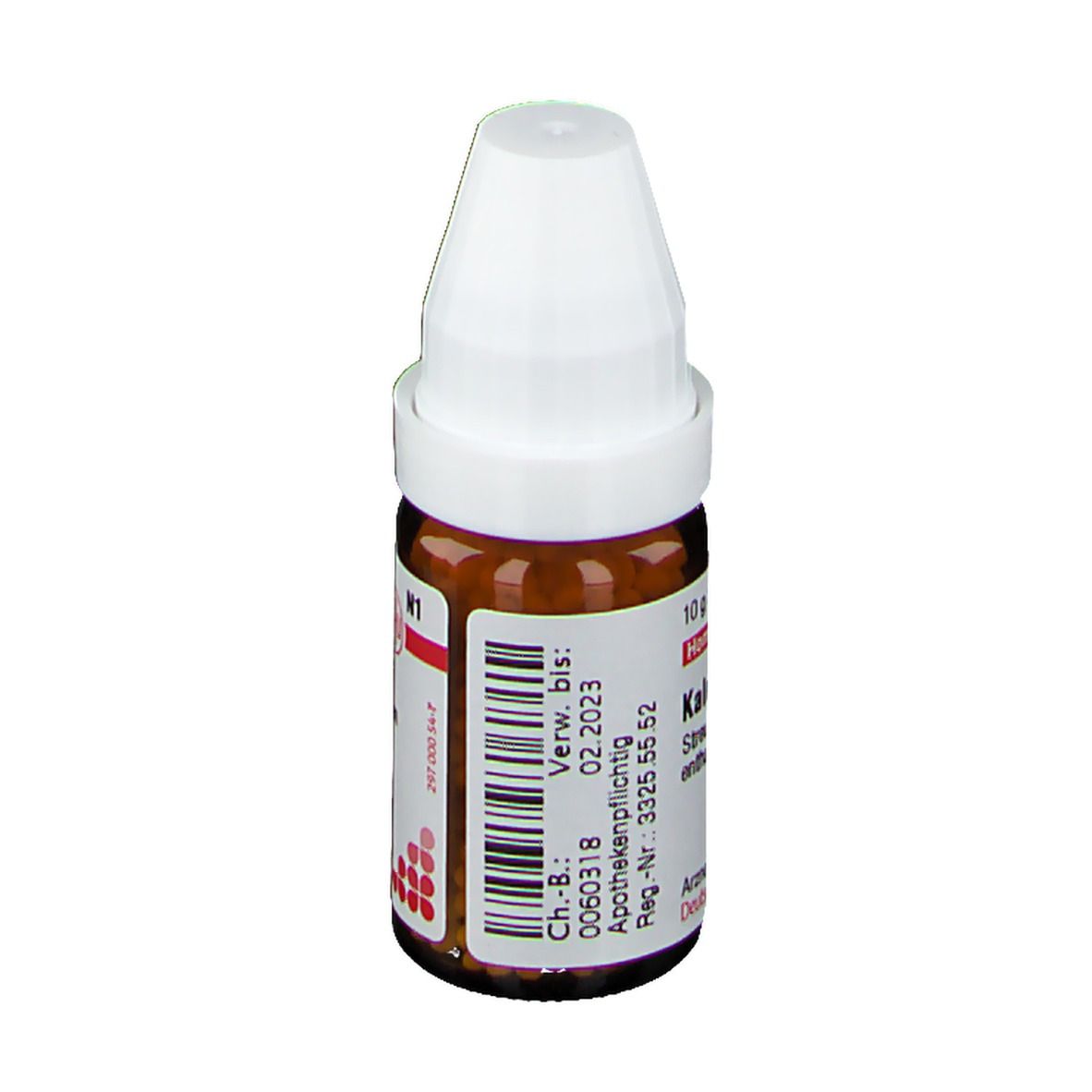 Braune Glasflasche mit weißem Deckel. Beschriftung: Kalmia D4, 10 g Streukügelchen. Apothekenpflichtig.