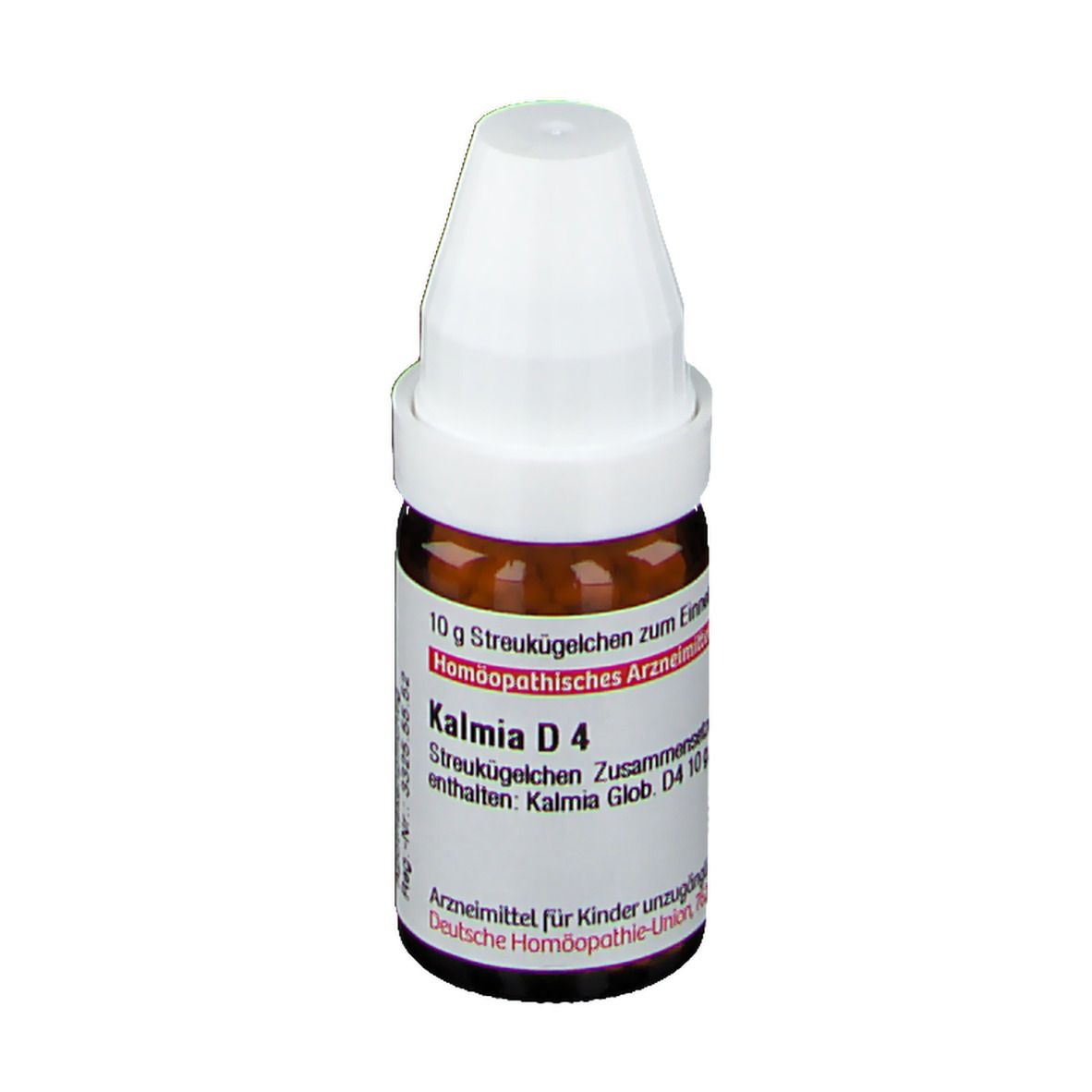 Braune Glasflasche mit weißem Deckel. Beschriftung: Kalmia D4, 10 g Streukügelchen. Deutsche Homöopathie-Union.