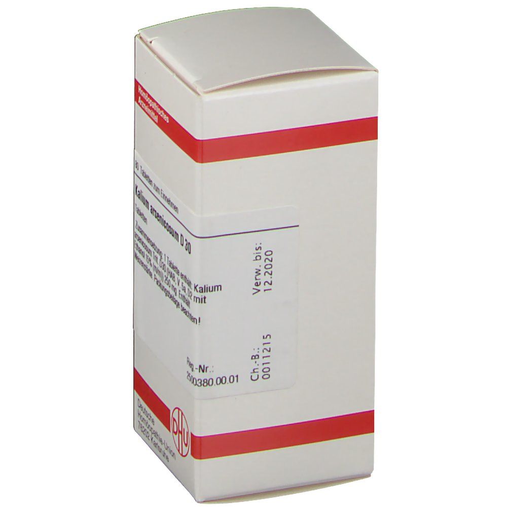 Weiße Schachtel mit roter Umrandung. Aufschrift: Kalium arsenicosum D 30. Verfallsdatum: 12-2020. Logo: DHU.