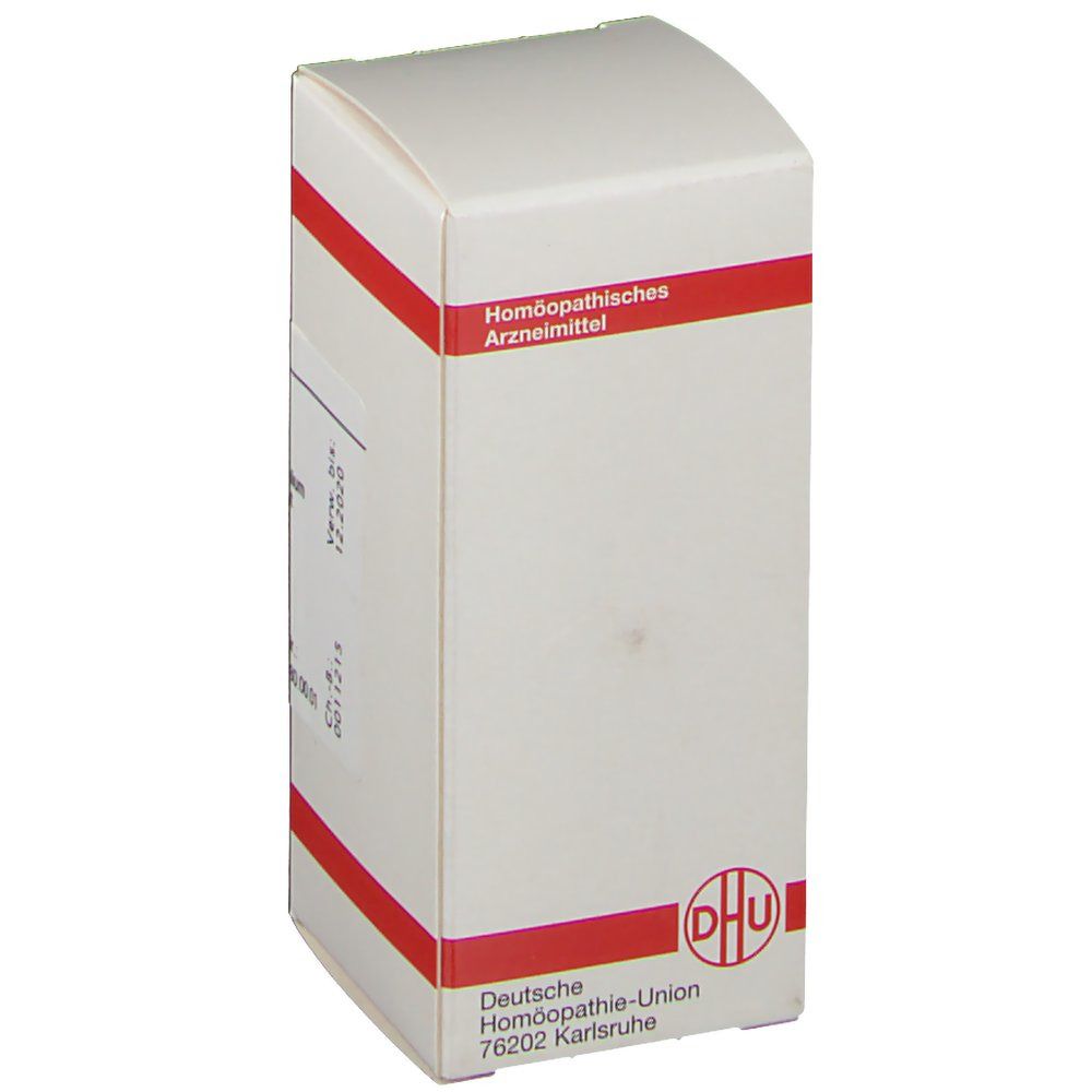 Weiße Schachtel mit roter Umrandung. Logo: DHU. Aufschrift: Homöopathisches Arzneimittel.