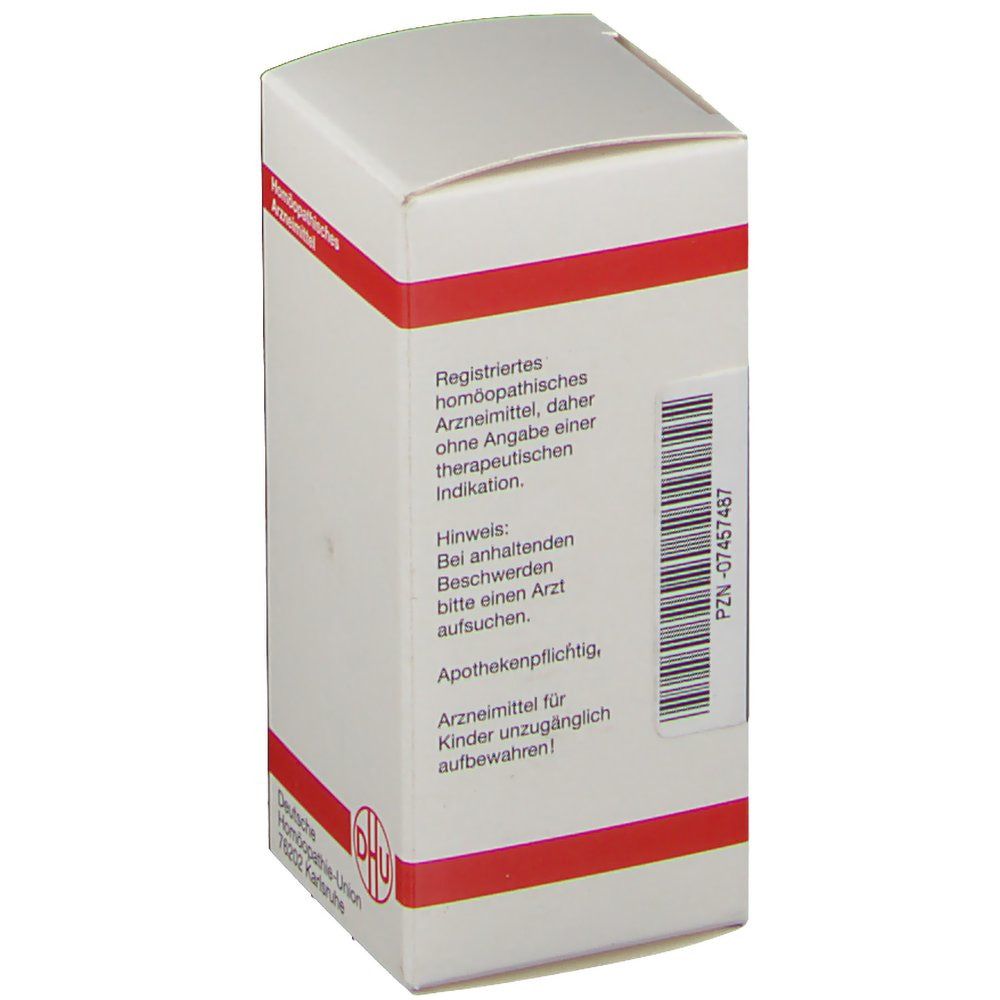 Weiße Schachtel mit roter Umrandung. Aufschrift: Homöopathisches Arzneimittel. Barcode. Logo: DHU.