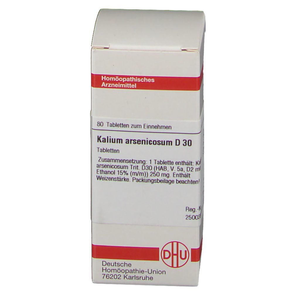 Weiße Schachtel mit roter Umrandung. Aufschrift: Kalium arsenicosum D 30, 80 Tabletten. Logo: DHU.