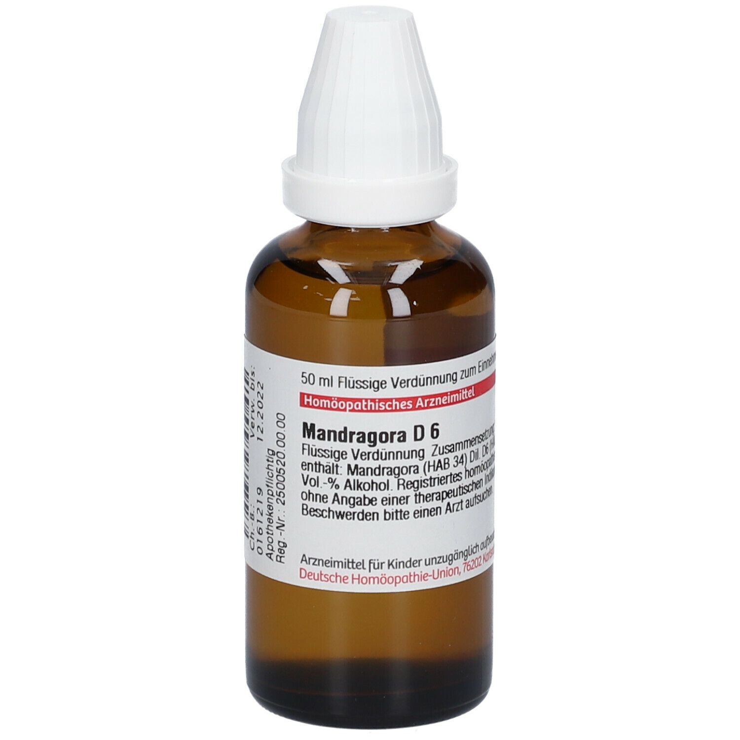 Braune Glasflasche mit weißem Verschluss. Etikett mit Produktinformationen: Mandragora D6, 50 ml Flüssige Verdünnung.