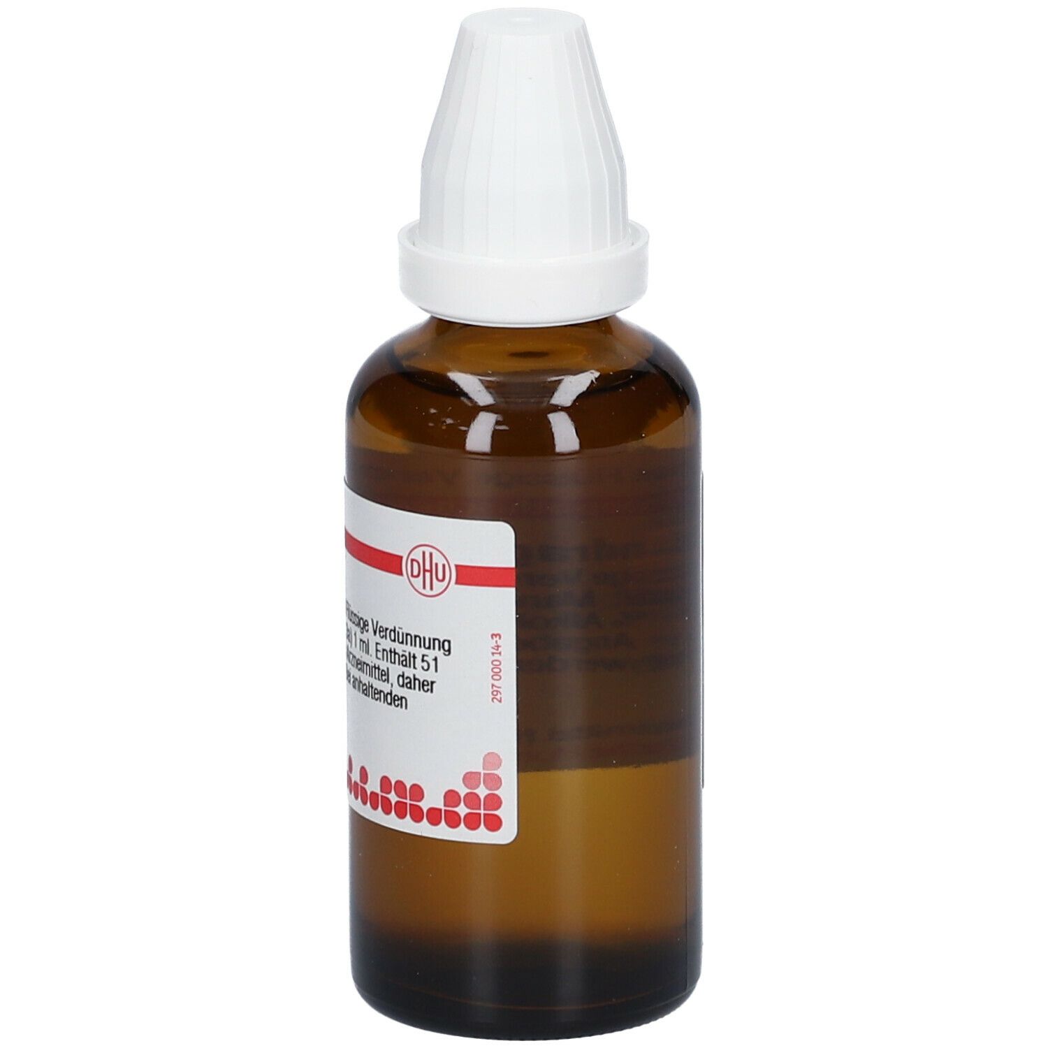 Braune Glasflasche mit weißem Verschluss. Etikett mit Produktinformationen, DHU-Logo.