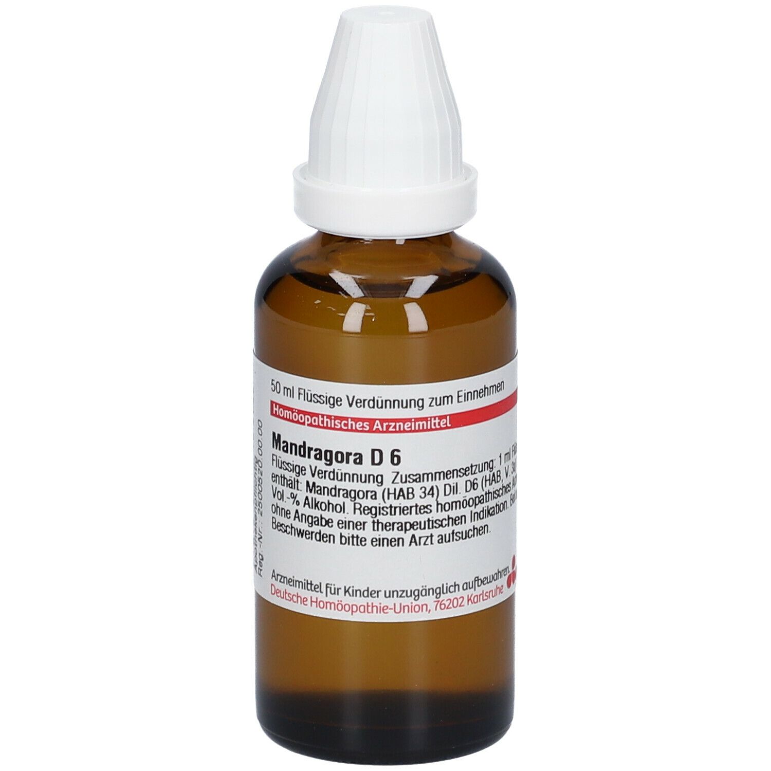 Braune Glasflasche mit weißem Verschluss. Etikett mit Produktinformationen: Mandragora D6, 50 ml Flüssige Verdünnung.