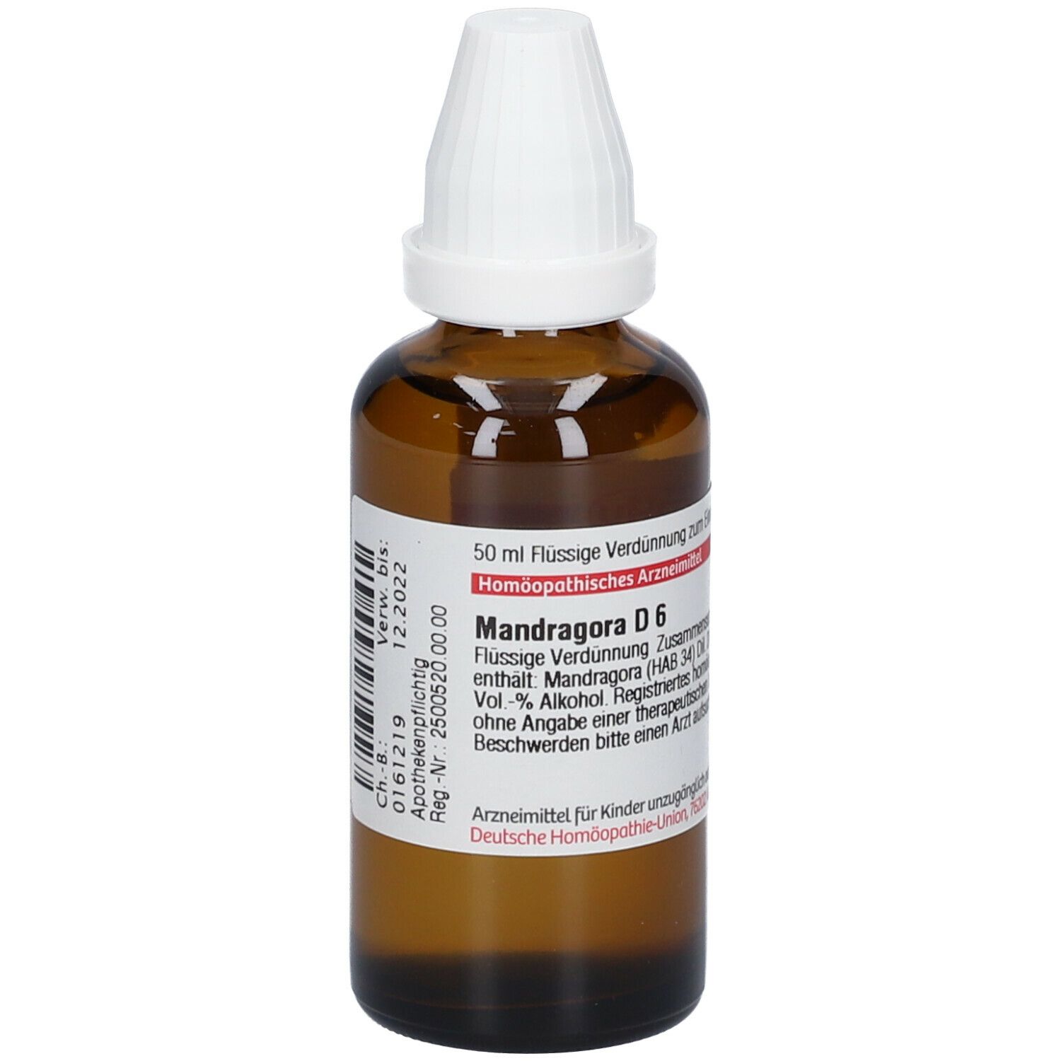 Braune Glasflasche mit weißem Verschluss. Etikett mit Produktinformationen: Mandragora D6, 50 ml Flüssige Verdünnung.