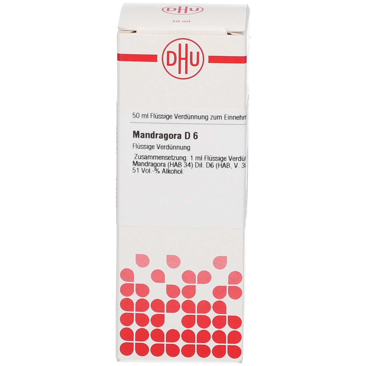 Karton mit DHU-Logo und Produktinformationen: Mandragora D6, Flüssige Verdünnung. Rote Muster auf weißem Hintergrund.