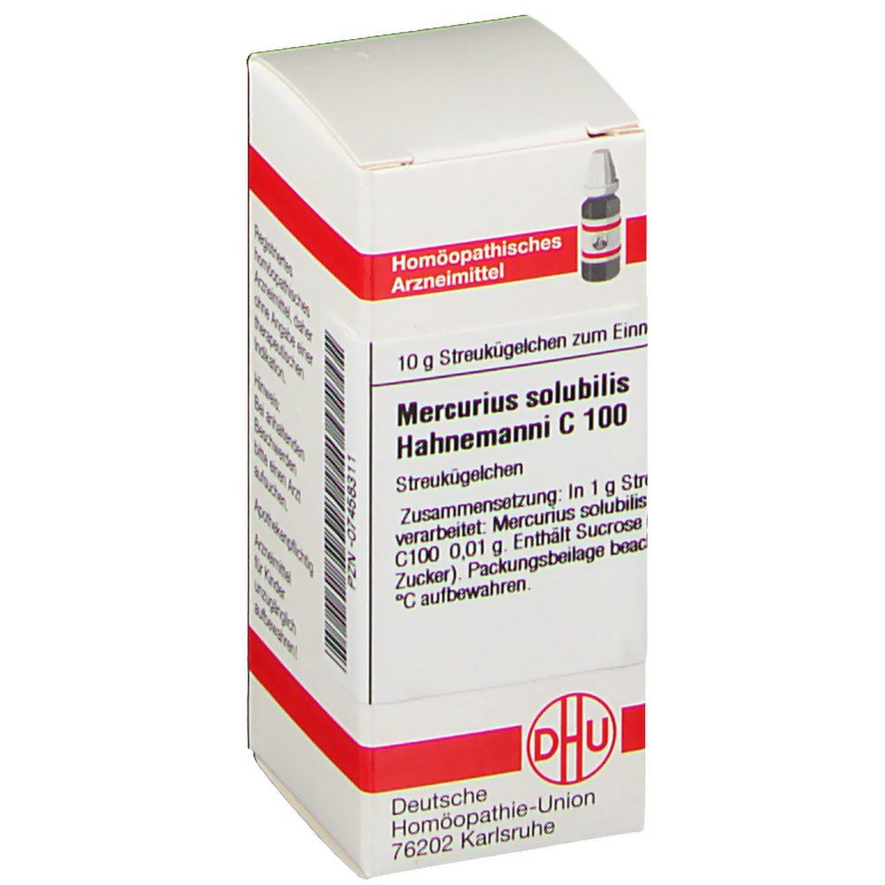 Weiße Faltschachtel mit roter Umrandung. Aufschrift: DHU Mercurius solubilis Hahnemanni C 100. Homöopathisches Arzneimittel. Enthält Streukügelchen.