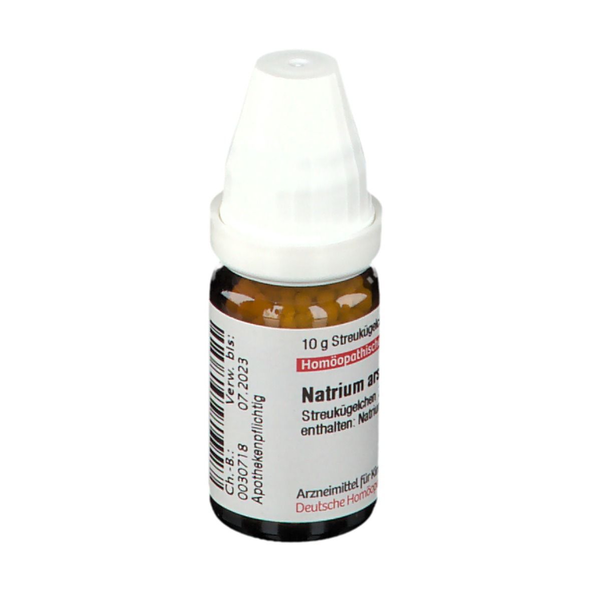Braune Glasflasche mit weißem Verschluss. Beschriftung: Natrium arsenicosum, Verfallsdatum. Apothekenpflichtig.