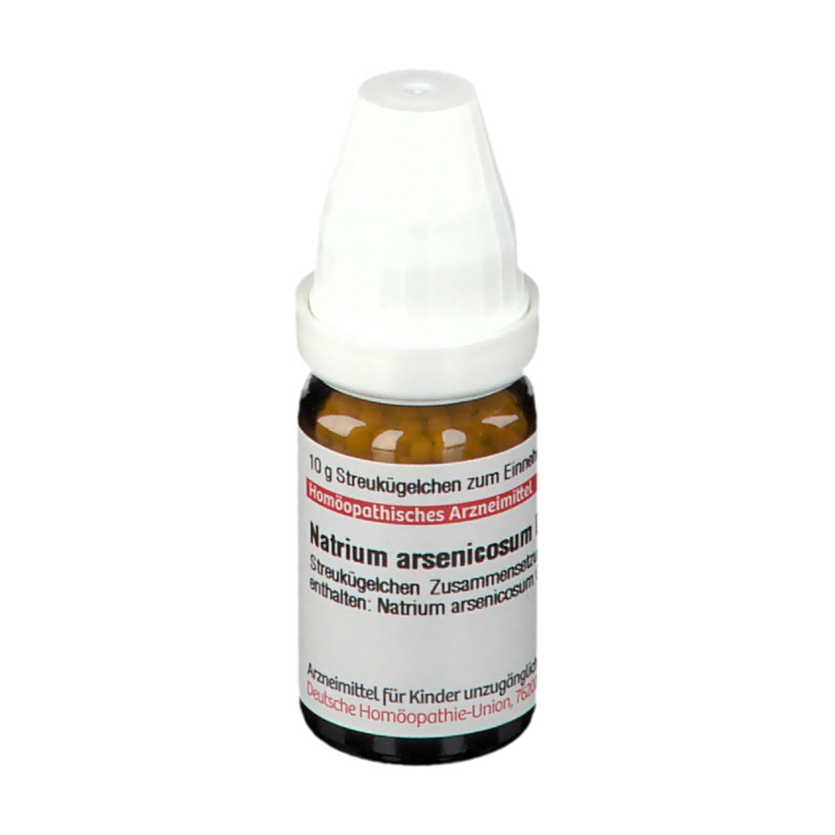 Braune Glasflasche mit weißem Verschluss. Beschriftung: Natrium arsenicosum D 30, Globuli. DHU Logo.