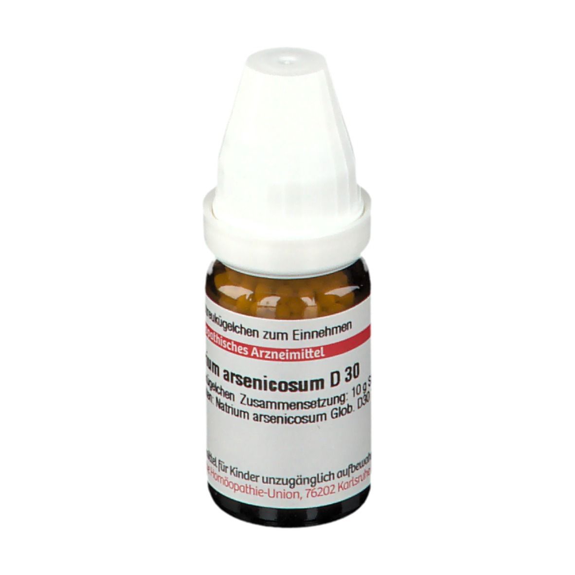 Braune Glasflasche mit weißem Verschluss. Beschriftung: Natrium arsenicosum D 30, Globuli. DHU Logo.