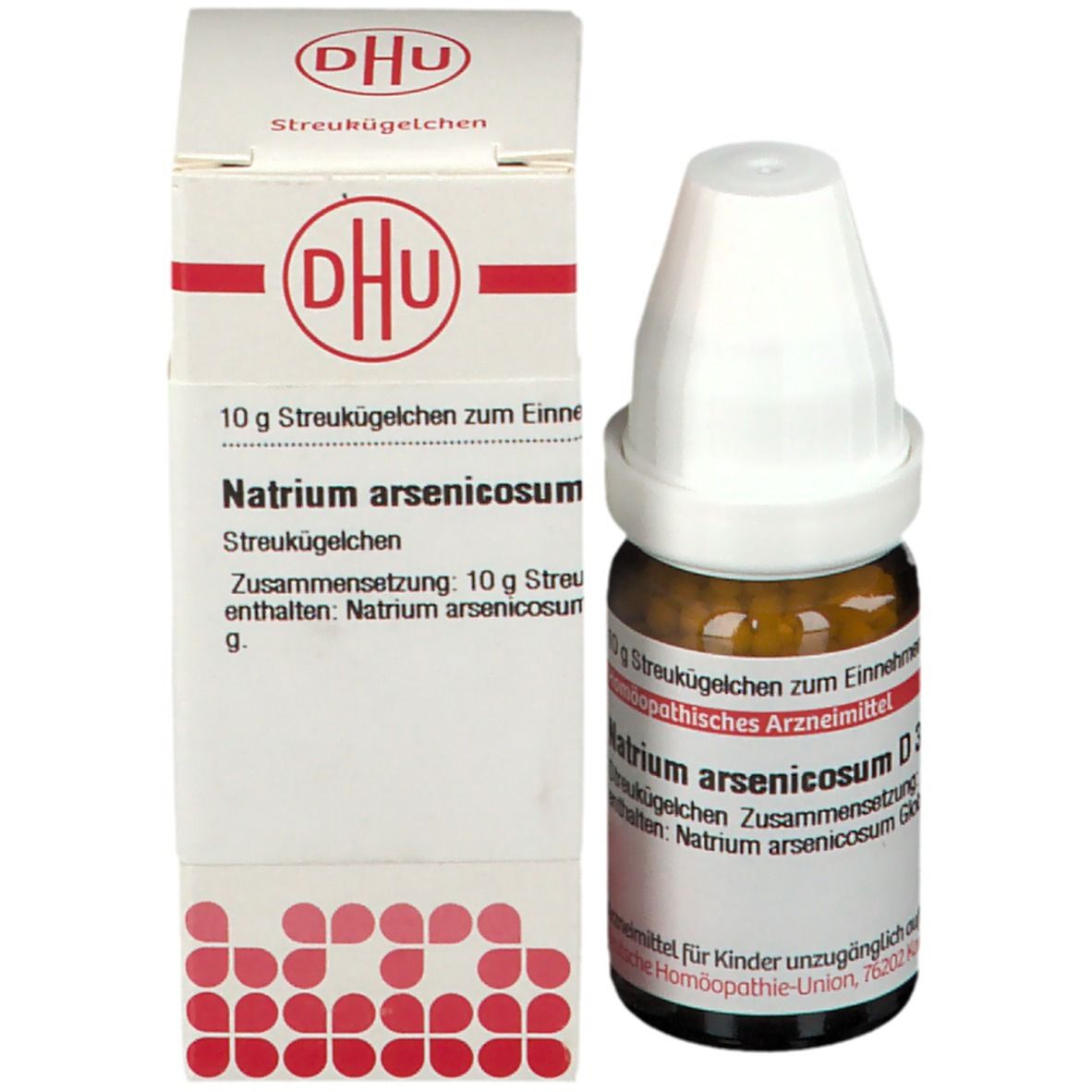 Produktflasche und Verpackung. Verpackung mit DHU Logo und Produktinformationen. Flasche: braun, weißer Verschluss.