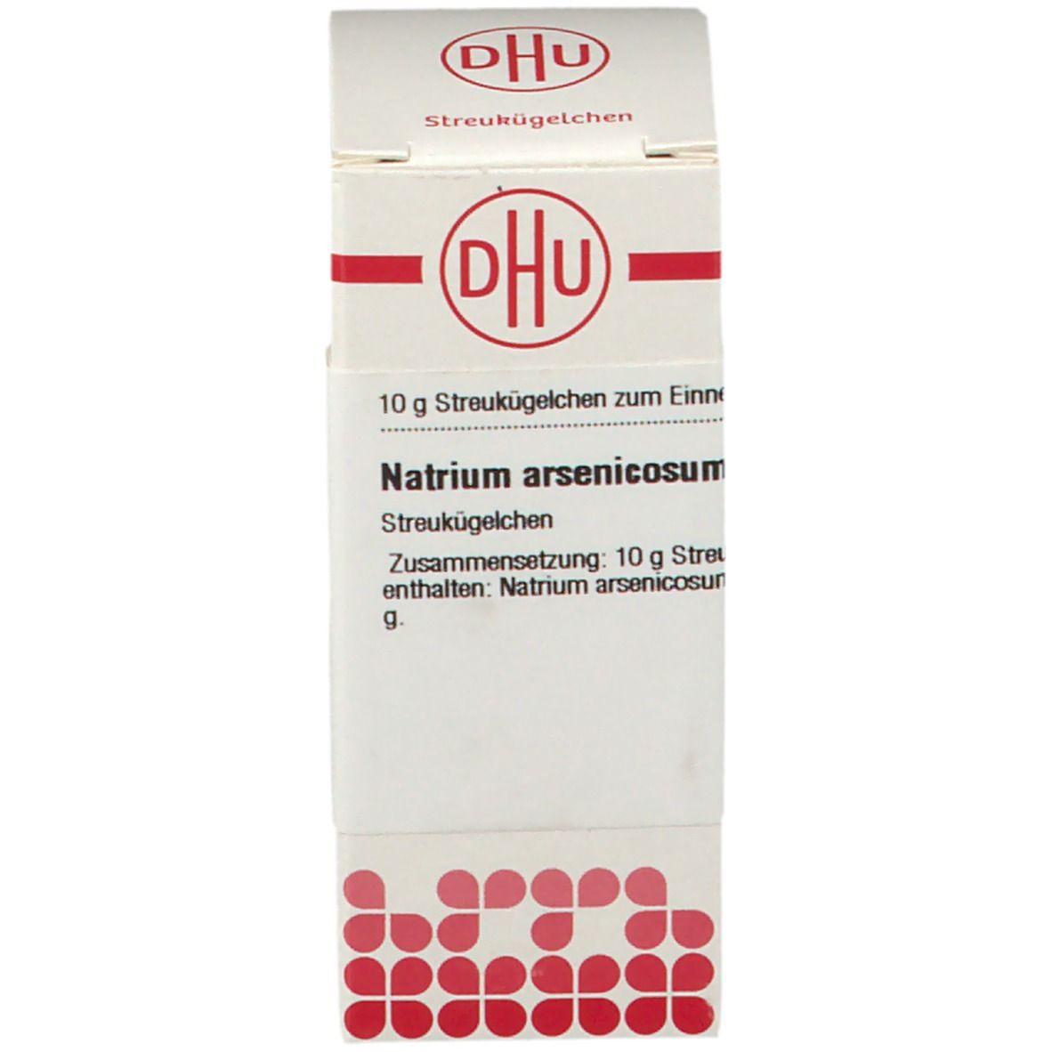 Produktverpackung. Weiß mit DHU Logo und Produktinformationen. Beschriftung: Natrium arsenicosum.