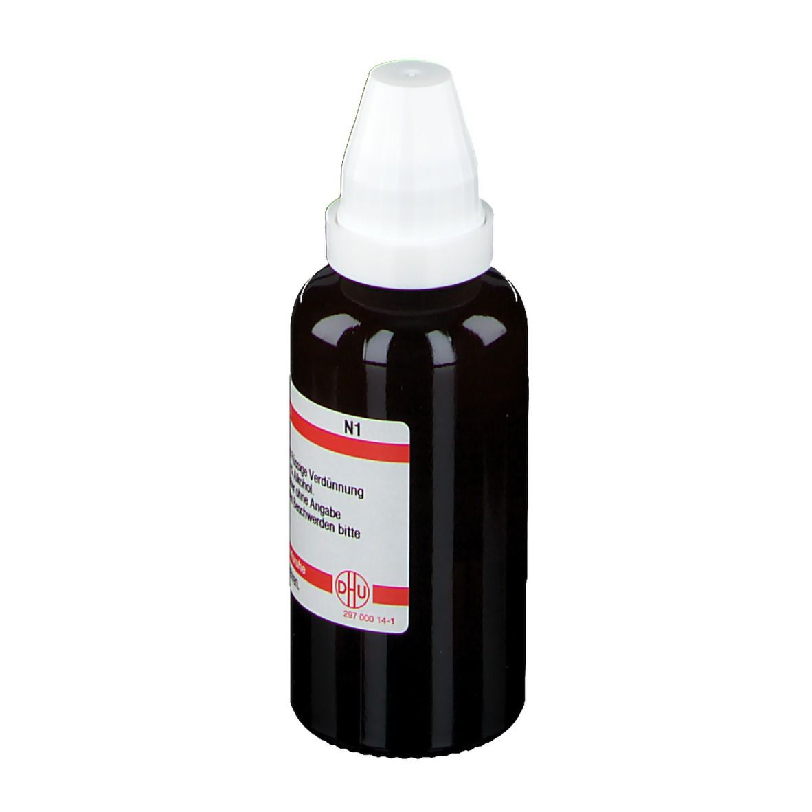 Braune Glasflasche mit weißem Deckel. Etikett mit Produktinformationen: Homöopathisches Arzneimittel, N1.