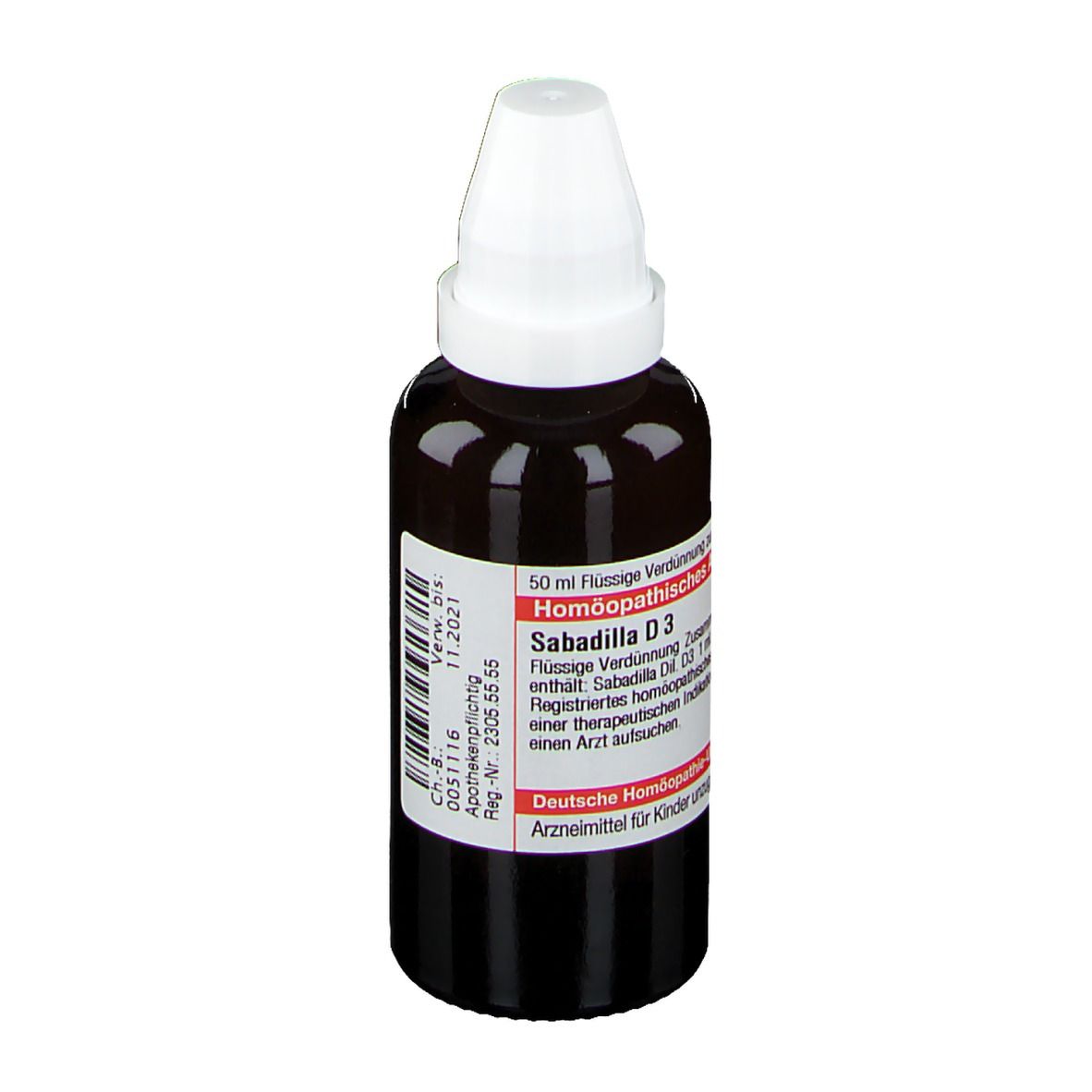 Braune Glasflasche mit weißem Deckel. Etikett mit Produktinformationen: Sabadilla D3, Homöopathisches Arzneimittel.