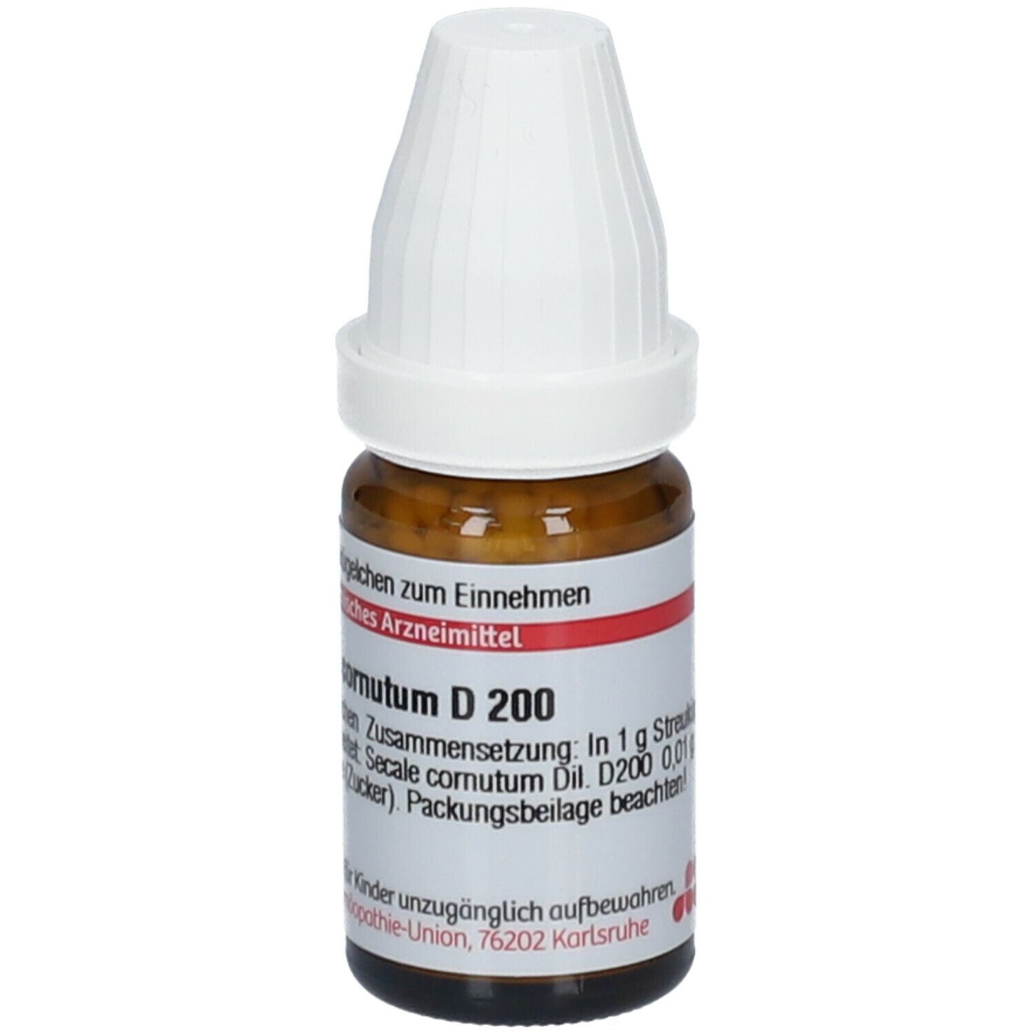 Braune Glasflasche mit weißem Deckel. Etikett mit Text: Secale cornutum D200, 10 g Streukügelchen.