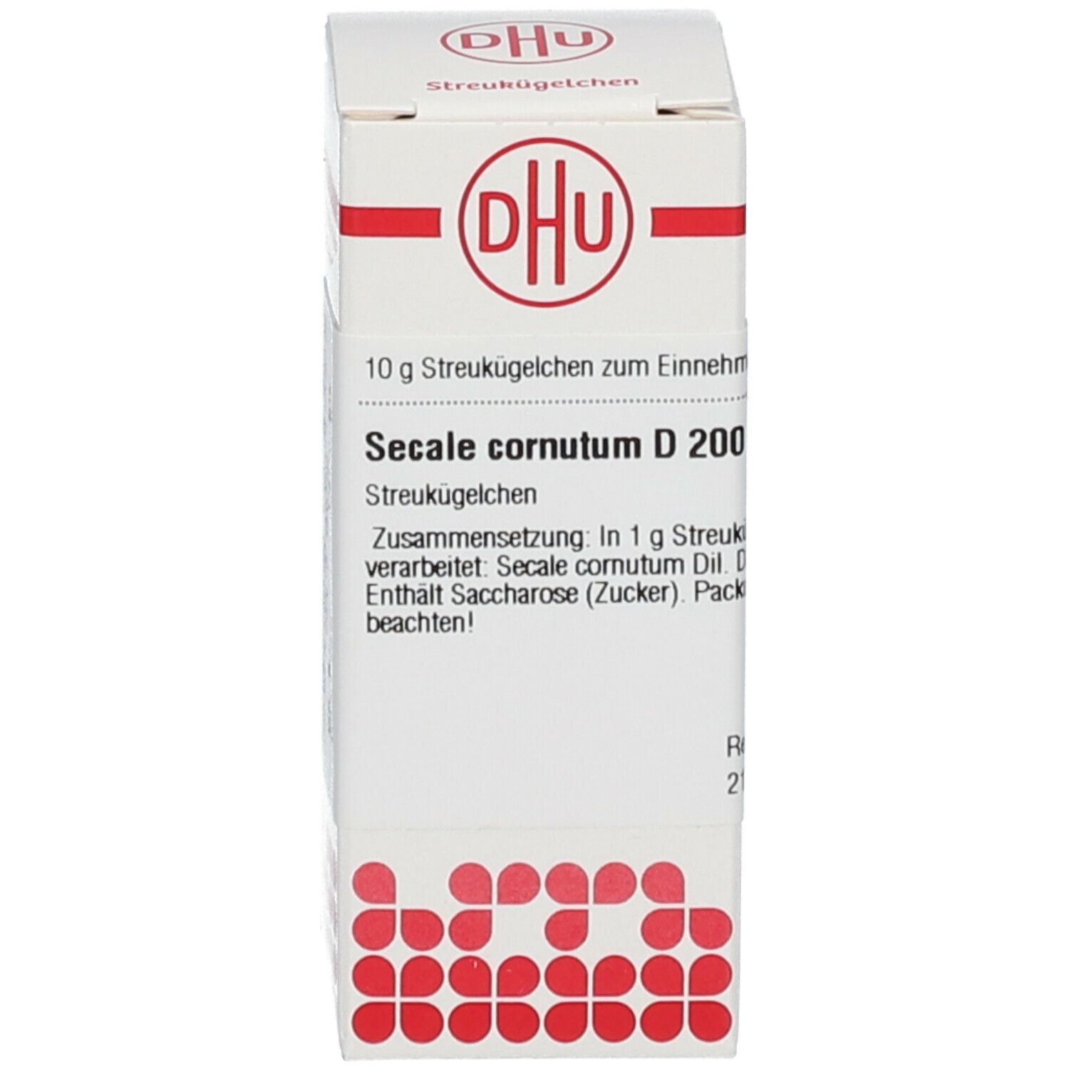 Weiße Schachtel mit rotem Logo und Text: DHU, Secale cornutum D200, 10 g Streukügelchen.