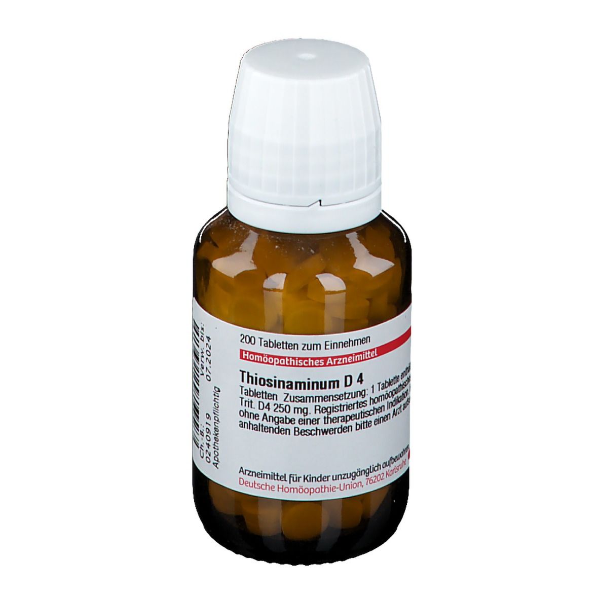 Braune Glasflasche mit weißem Deckel. Etikett mit Produktnamen und Informationen. Enthält Tabletten.