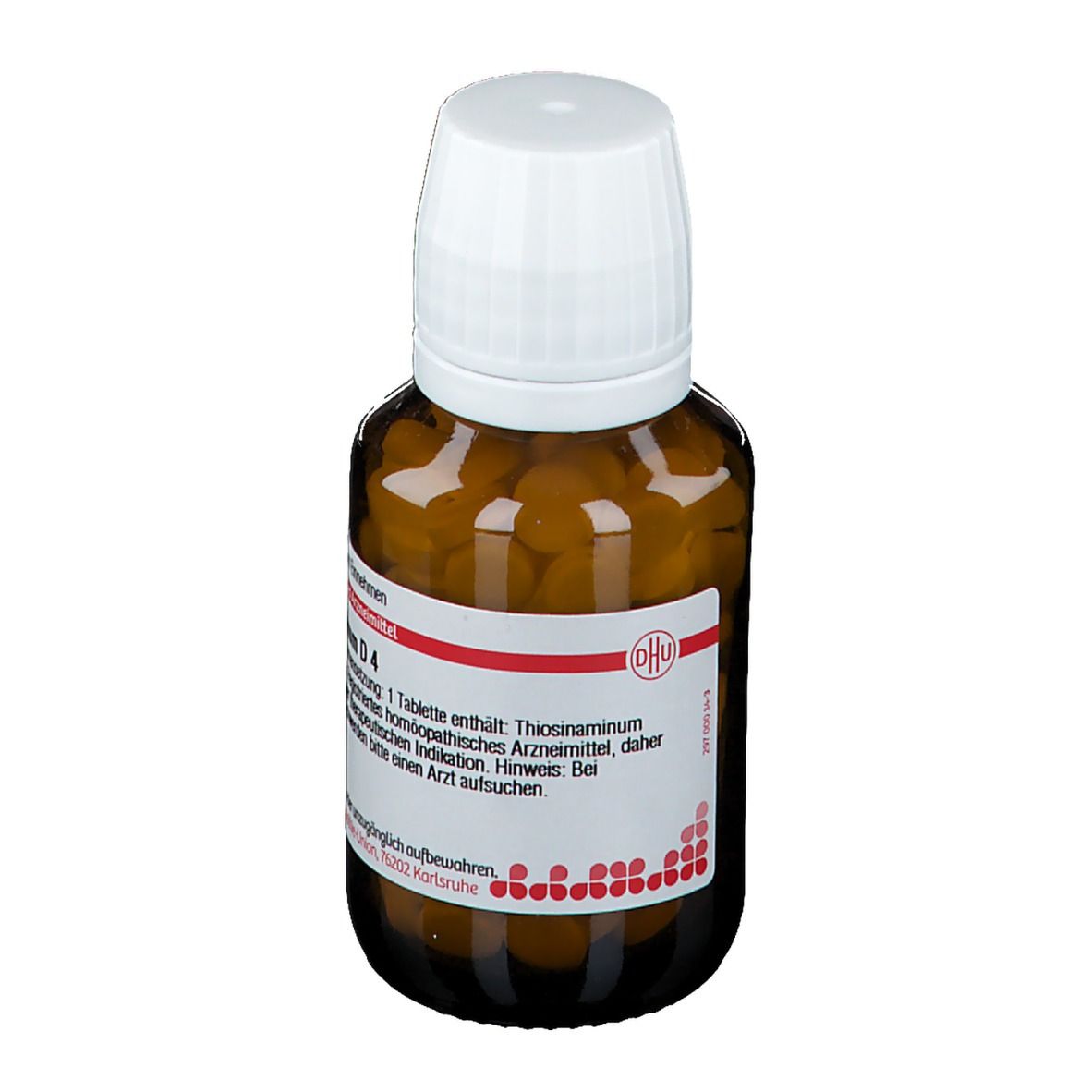 Braune Glasflasche mit weißem Deckel. Gefüllt mit kleinen gelben Tabletten. Etikett mit Produktinformationen.
