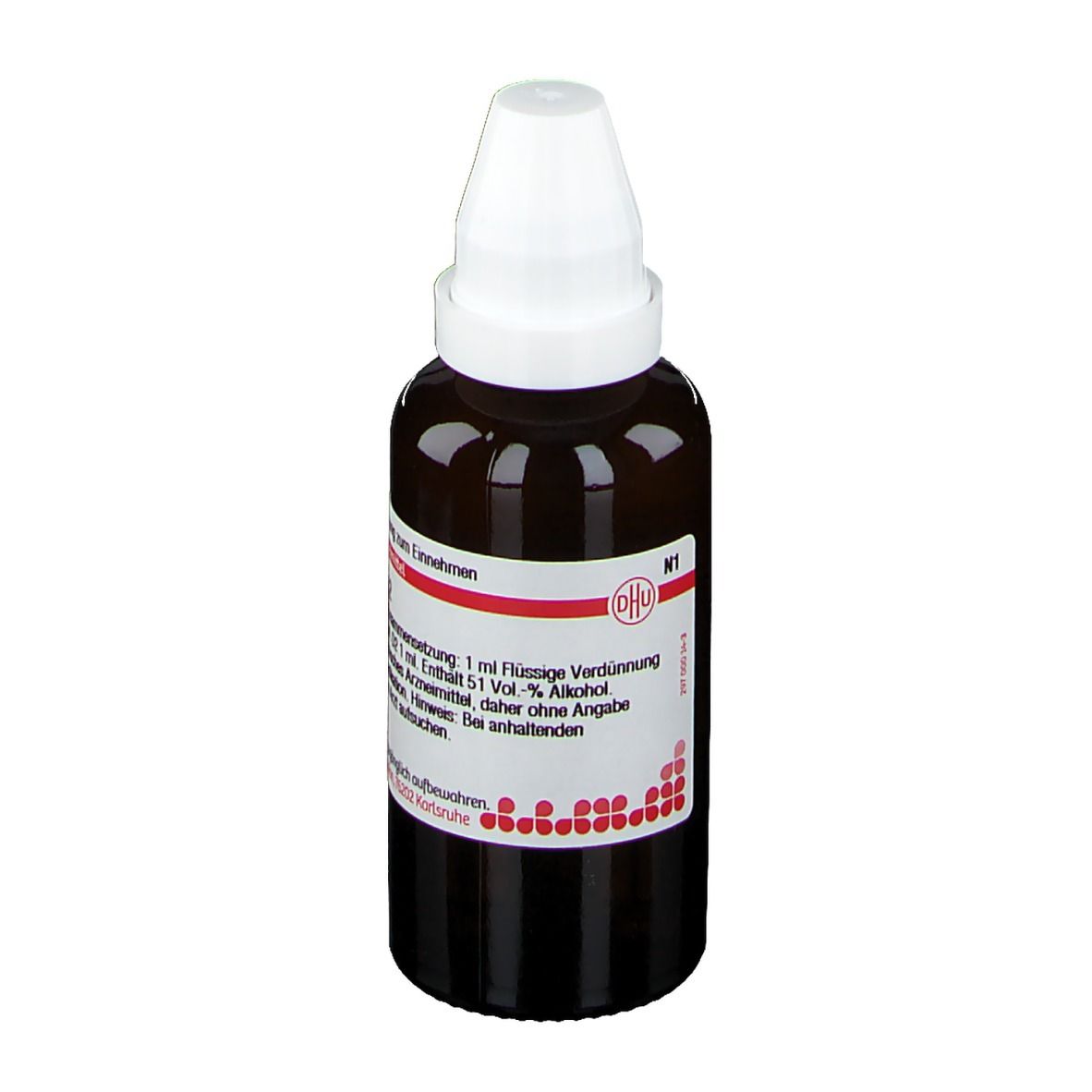 Braune Glasflasche mit weißem Verschluss. Rotes Etikett mit Text: DHU, Vincetoxicum D2. Arzneimittel.