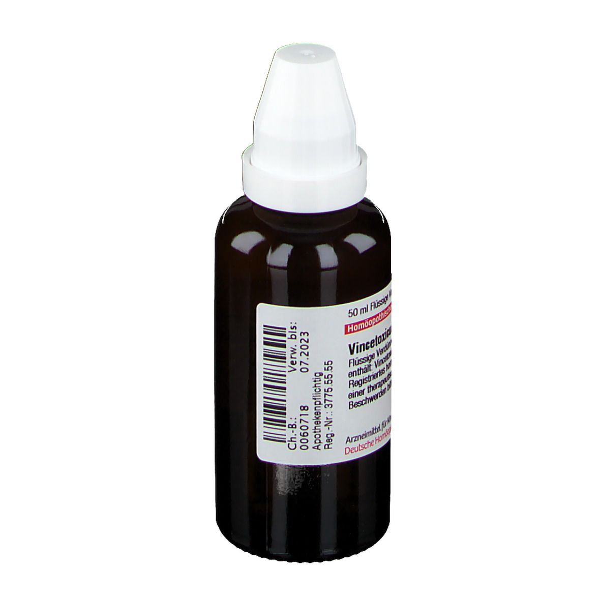 Braune Glasflasche mit weißem Verschluss. Rotes Etikett mit Text: DHU, Vincetoxicum D2. Arzneimittel.