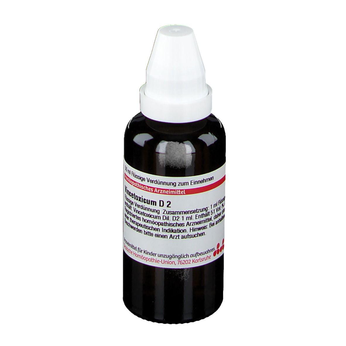 Braune Glasflasche mit weißem Verschluss. Rotes Etikett mit Text: Vincetoxicum D2. Arzneimittel.
