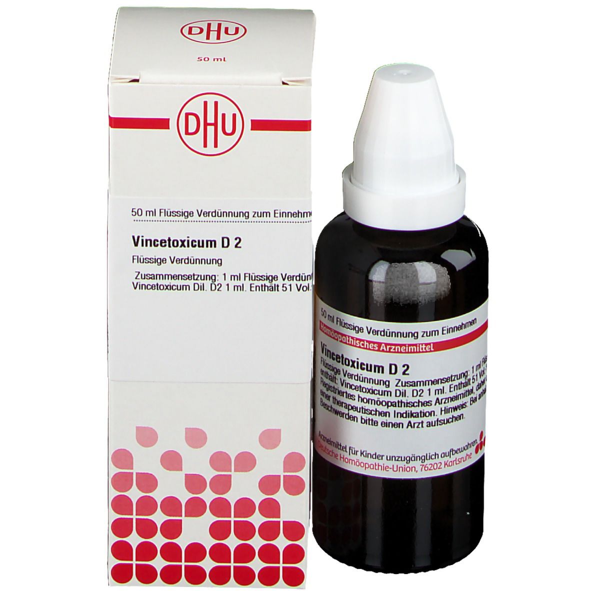 Braune Glasflasche mit weißem Verschluss und Karton. Karton mit Text: DHU, Vincetoxicum D2. Arzneimittel.