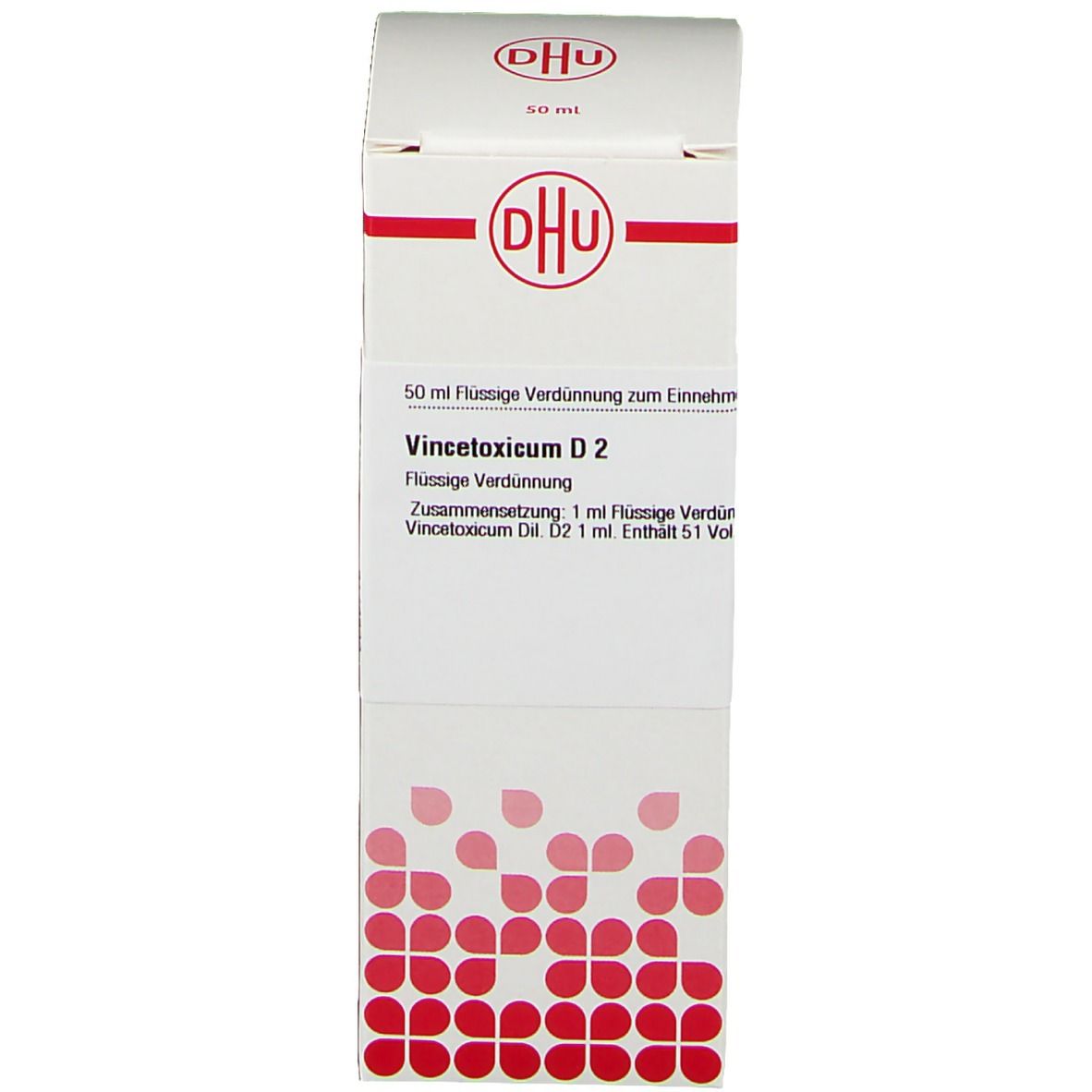 Karton mit Text: DHU, Vincetoxicum D2. Arzneimittel. Rote und weiße Farbgebung.