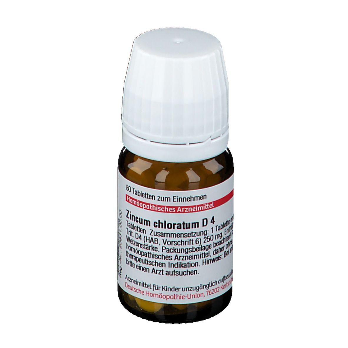 Braune Glasflasche mit weißem Deckel. Etikett mit Produktnamen: Zincum chloratum D4. 80 Tabletten. Homöopathisches Arzneimittel.